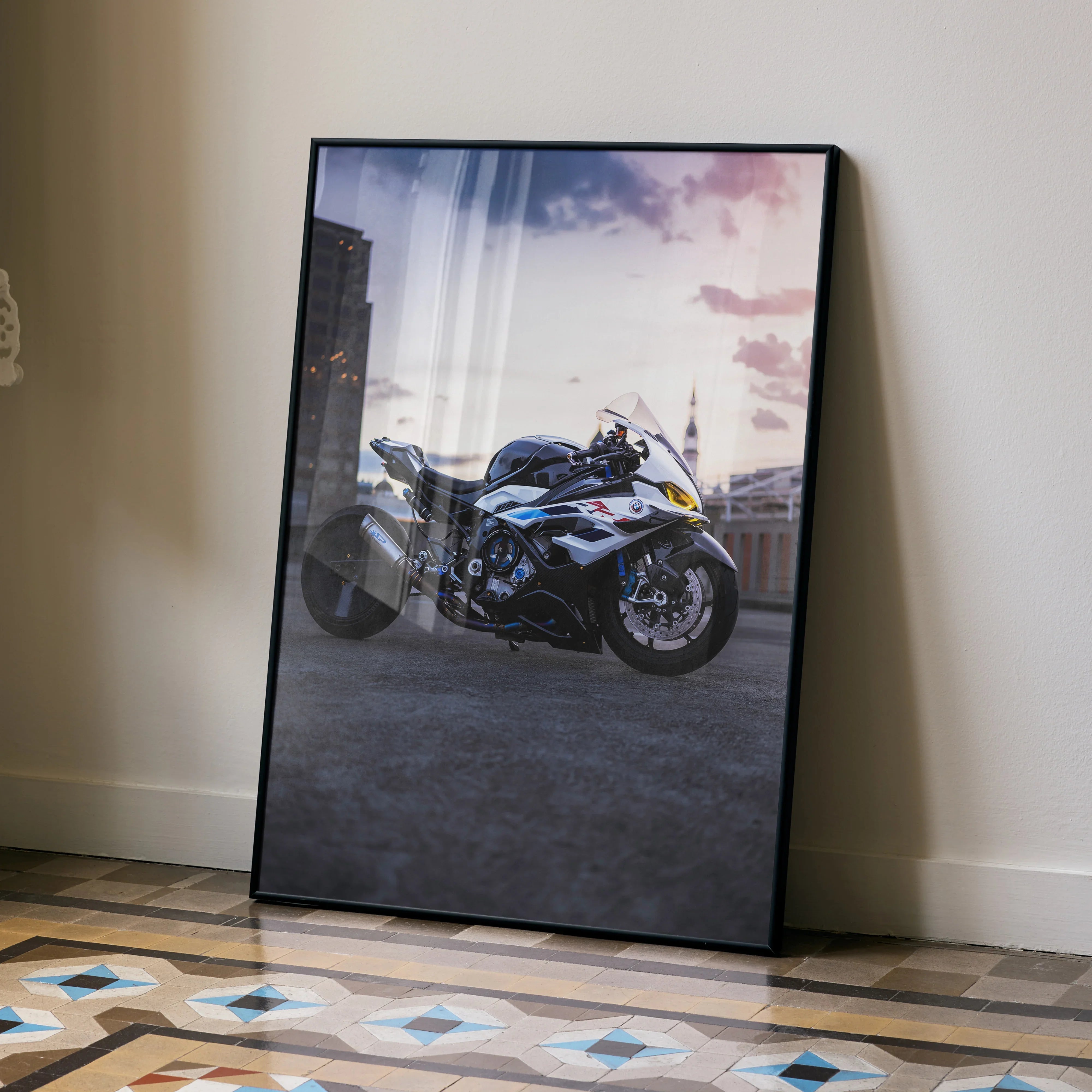 BMW S1000RR Drag Spec motorcycle poster with sunset cityscape, modern wall art in black frame.