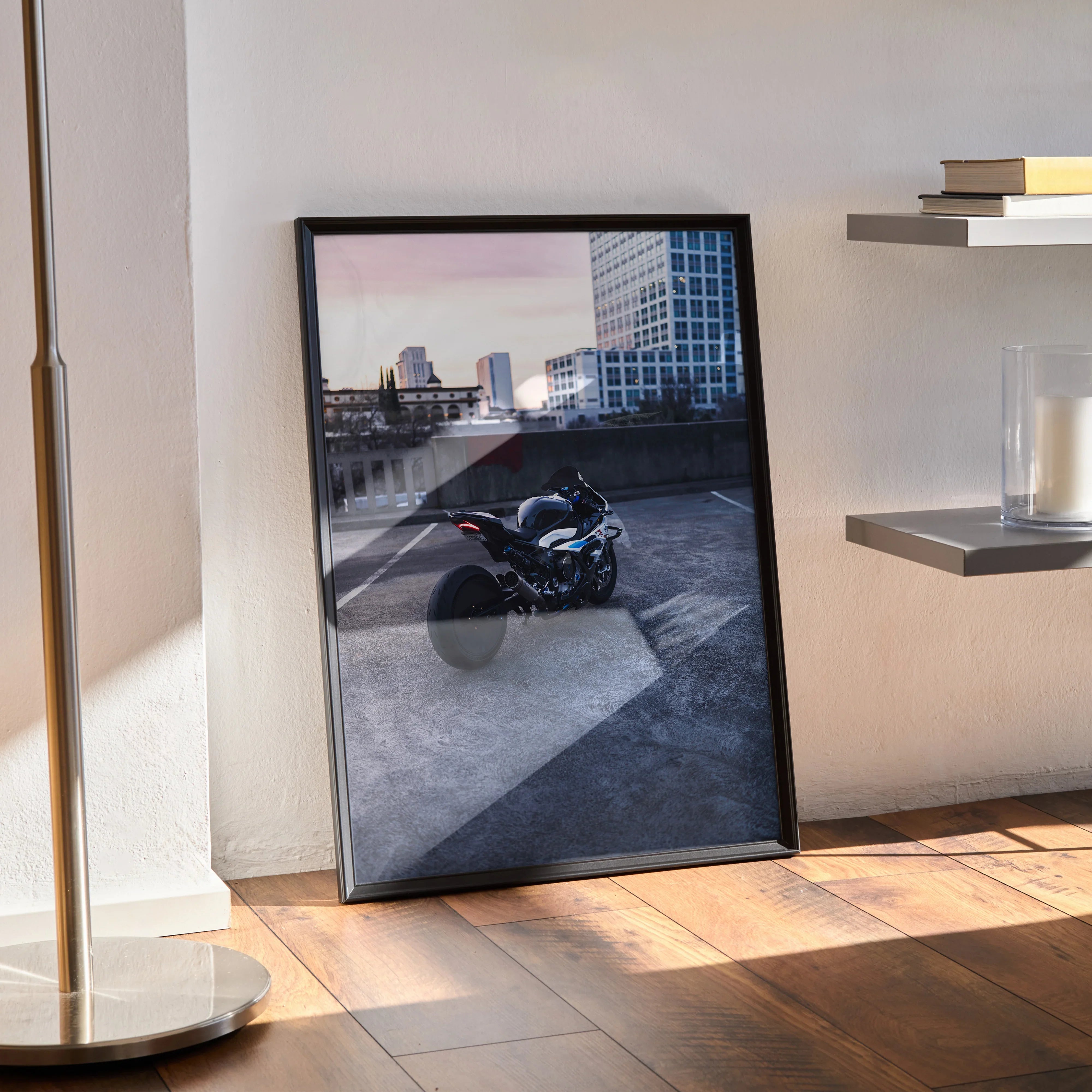 S1000RR Drag Spec motorcycle poster with BMW-inspired design leaning against wall as modern wall art.