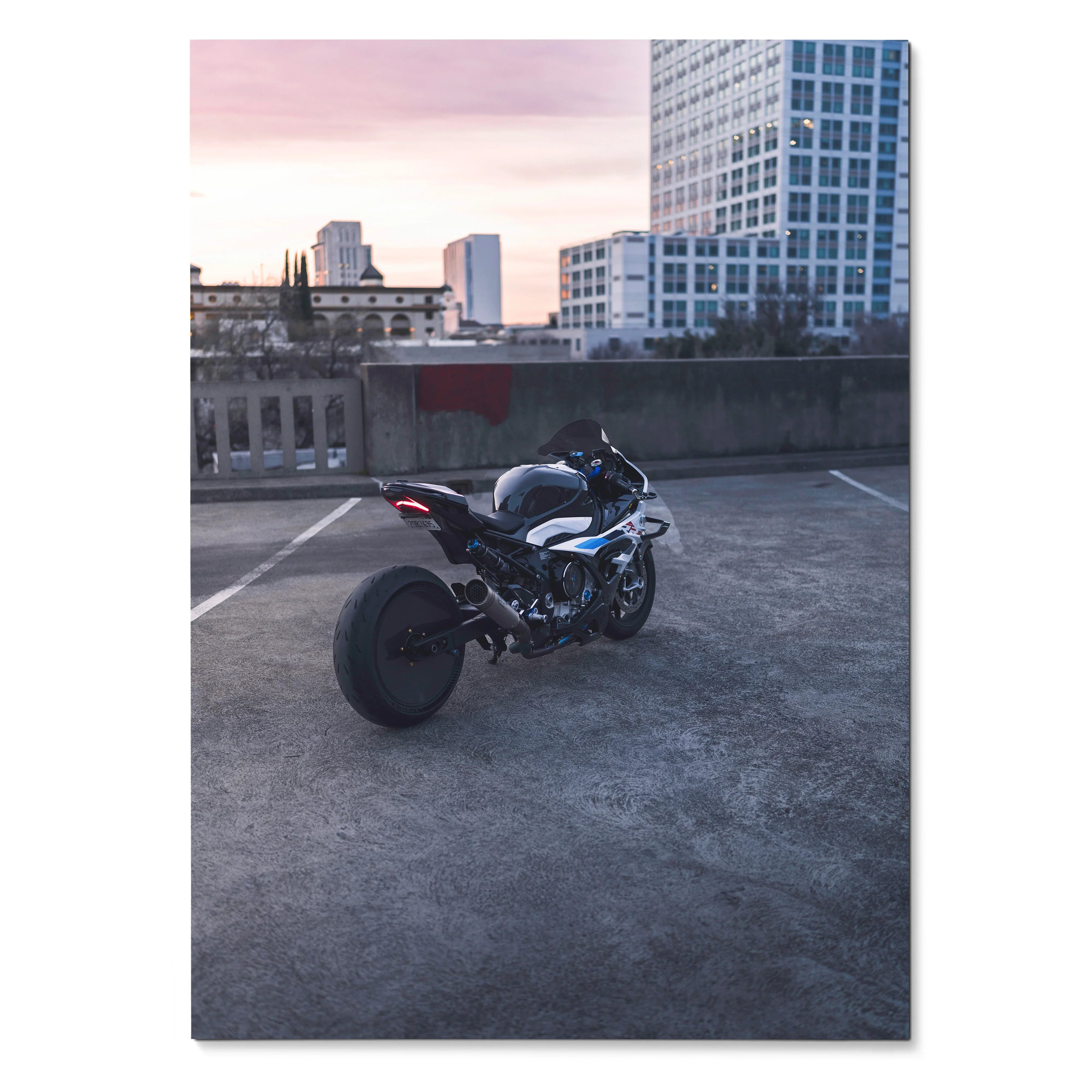 BMW S1000RR Drag Spec motorcycle parked in urban rooftop at sunset poster wall art.