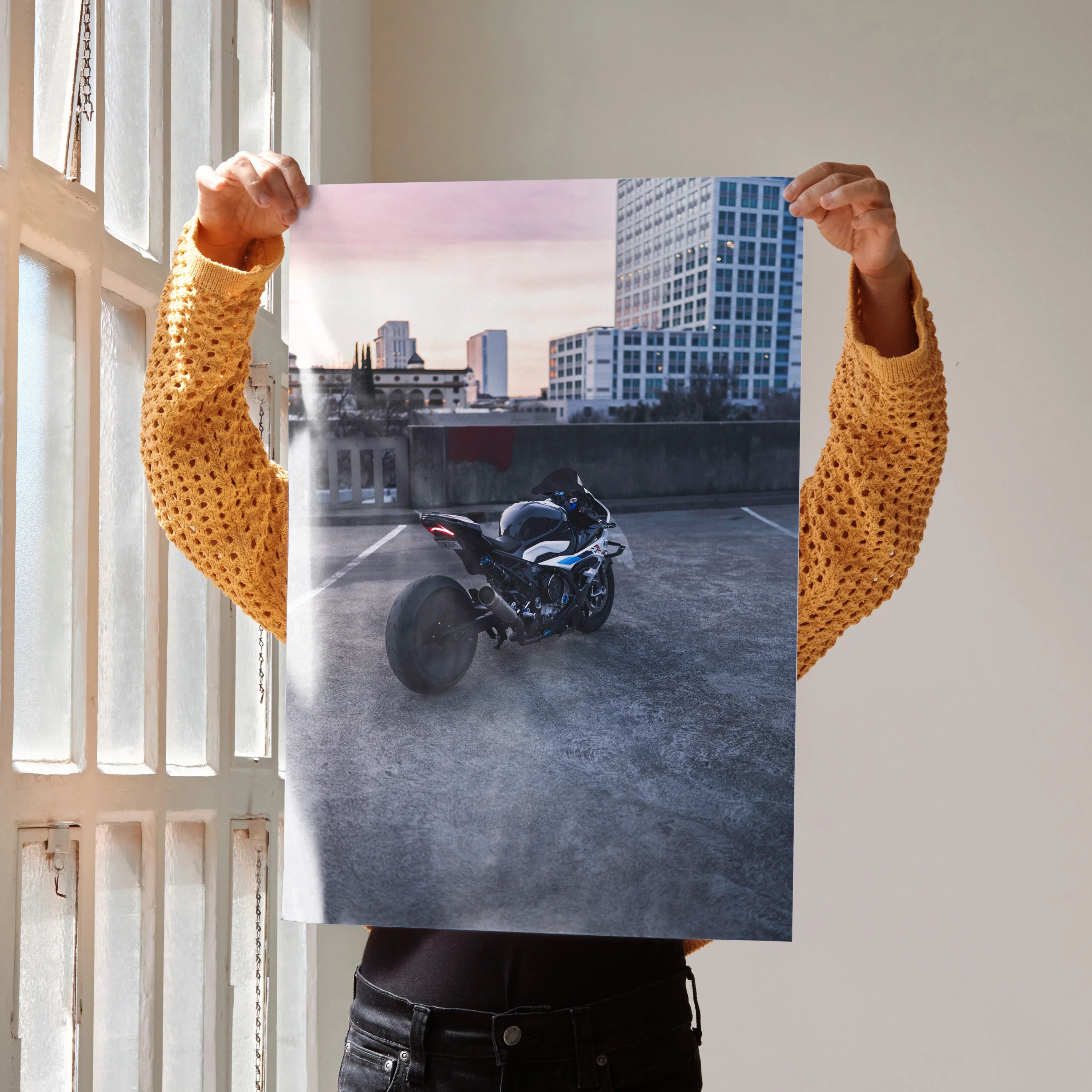 Poster wall art featuring a sleek BMW S1000RR Drag Spec motorcycle in an urban rooftop setting at dusk.
