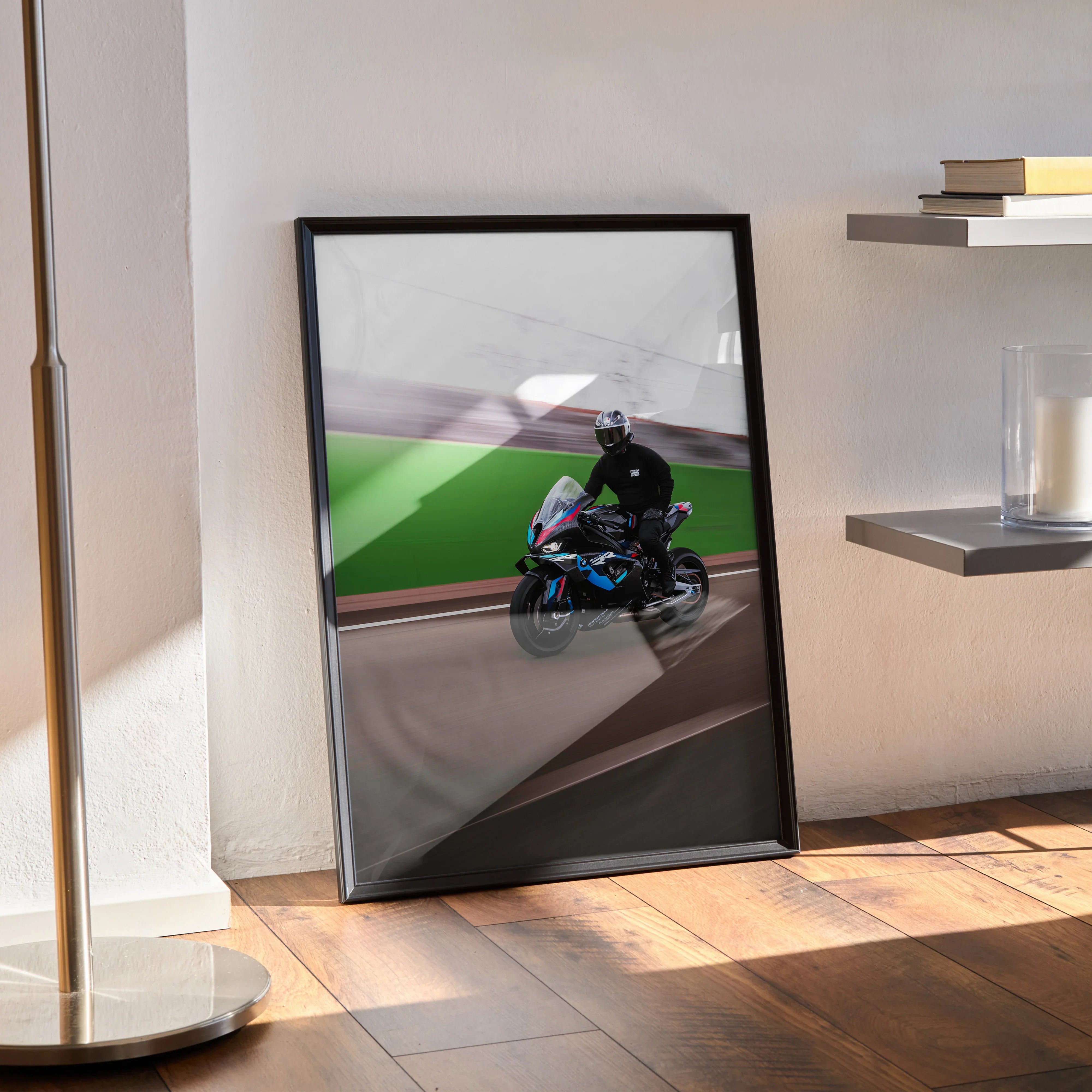 BMW M1000RR motorcycle poster with vivid racing green and black details, modern wall art print in black frame.