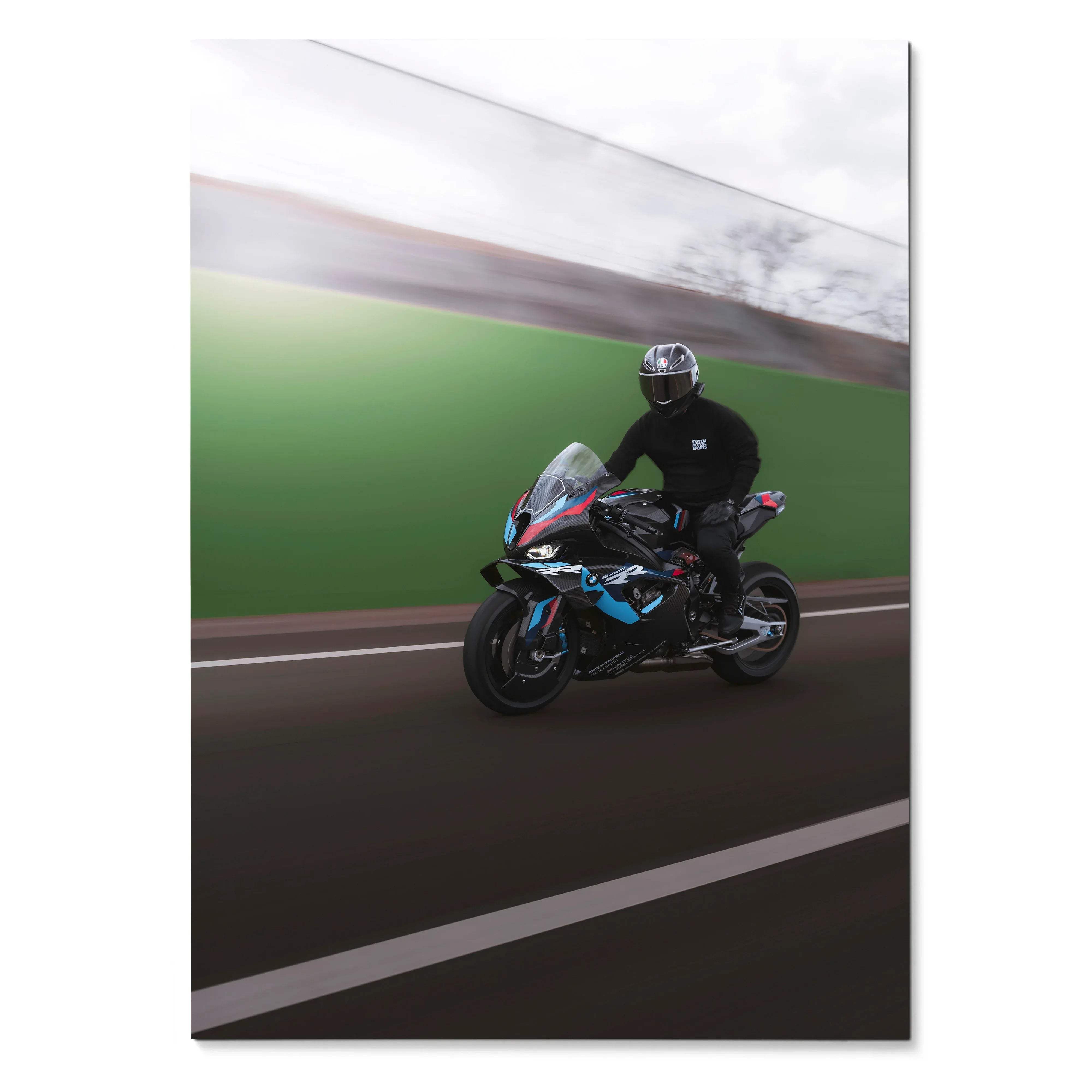 Biker Poster #033 - Male | AGV Pista Helmet | BMW M1000RR Motorcycle | Rolling Shot - Throttle Designs