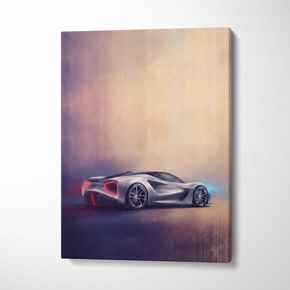 Lotus Evija inspired premium canvas art featuring a silver futuristic sports car with glowing red and blue accents