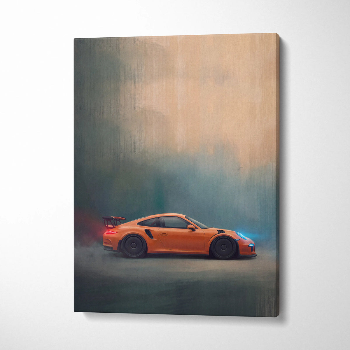Orange Porsche 911 GT3 RS inspired canvas print with glowing blue and red lights for car wall art track edition