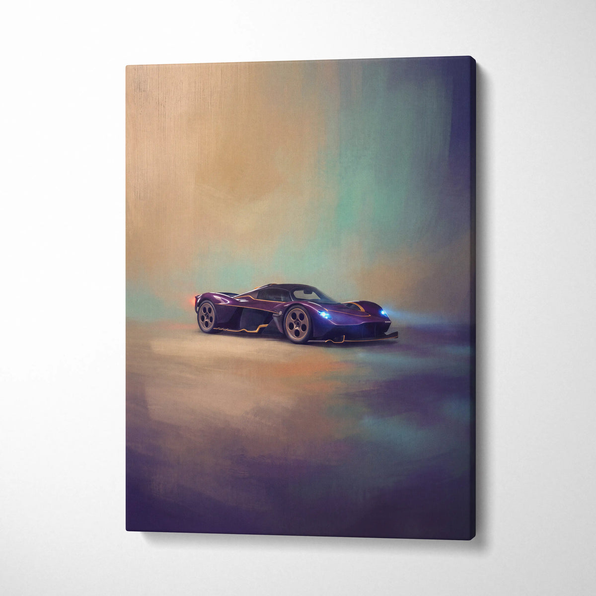Aston Martin Valkyrie inspired supercar canvas art featuring a sleek purple and black sports car with glowing blue headlights