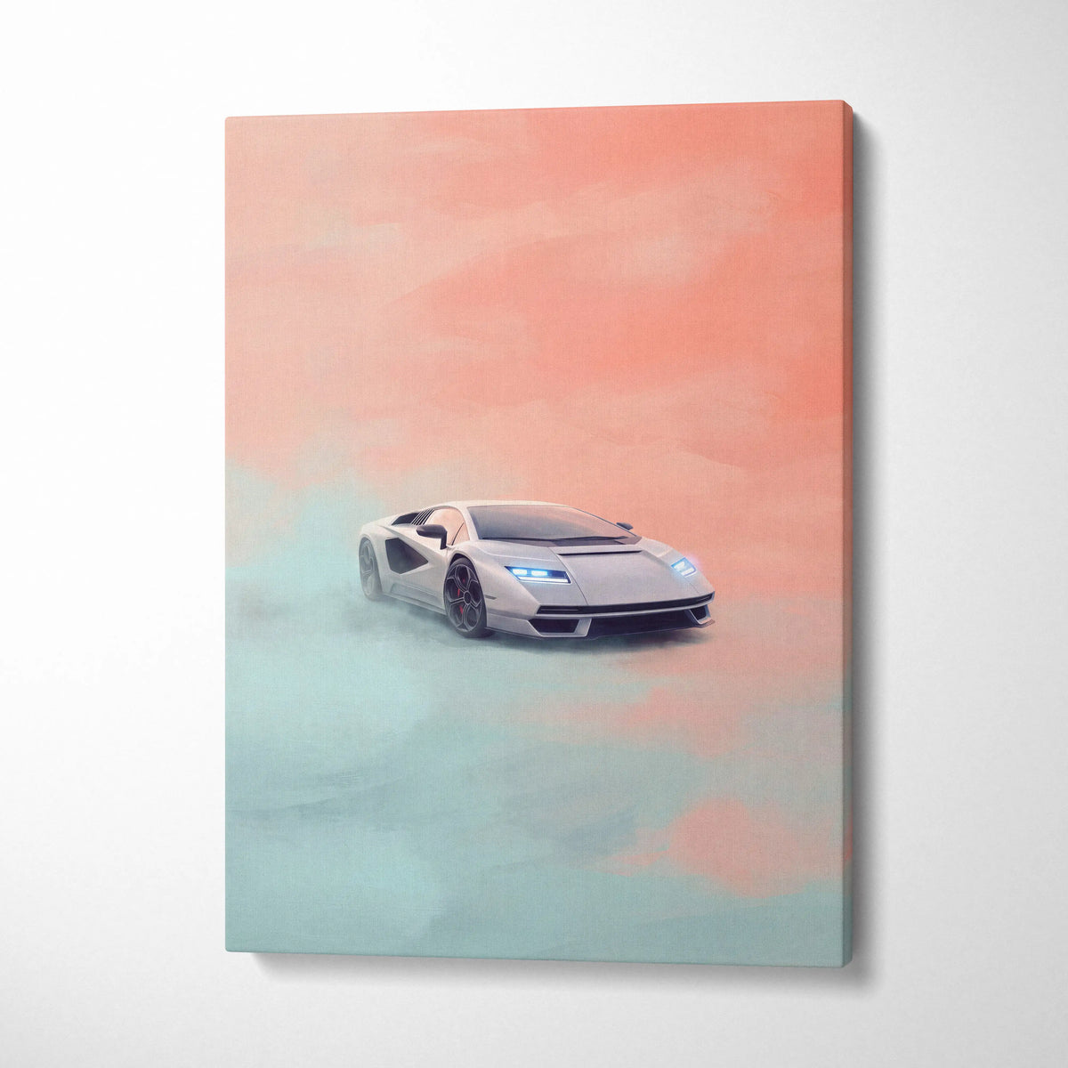 A sleek white Lamborghini Countach LPI 800-4 automotive wall art canvas with glowing blue headlights and peach teal sky