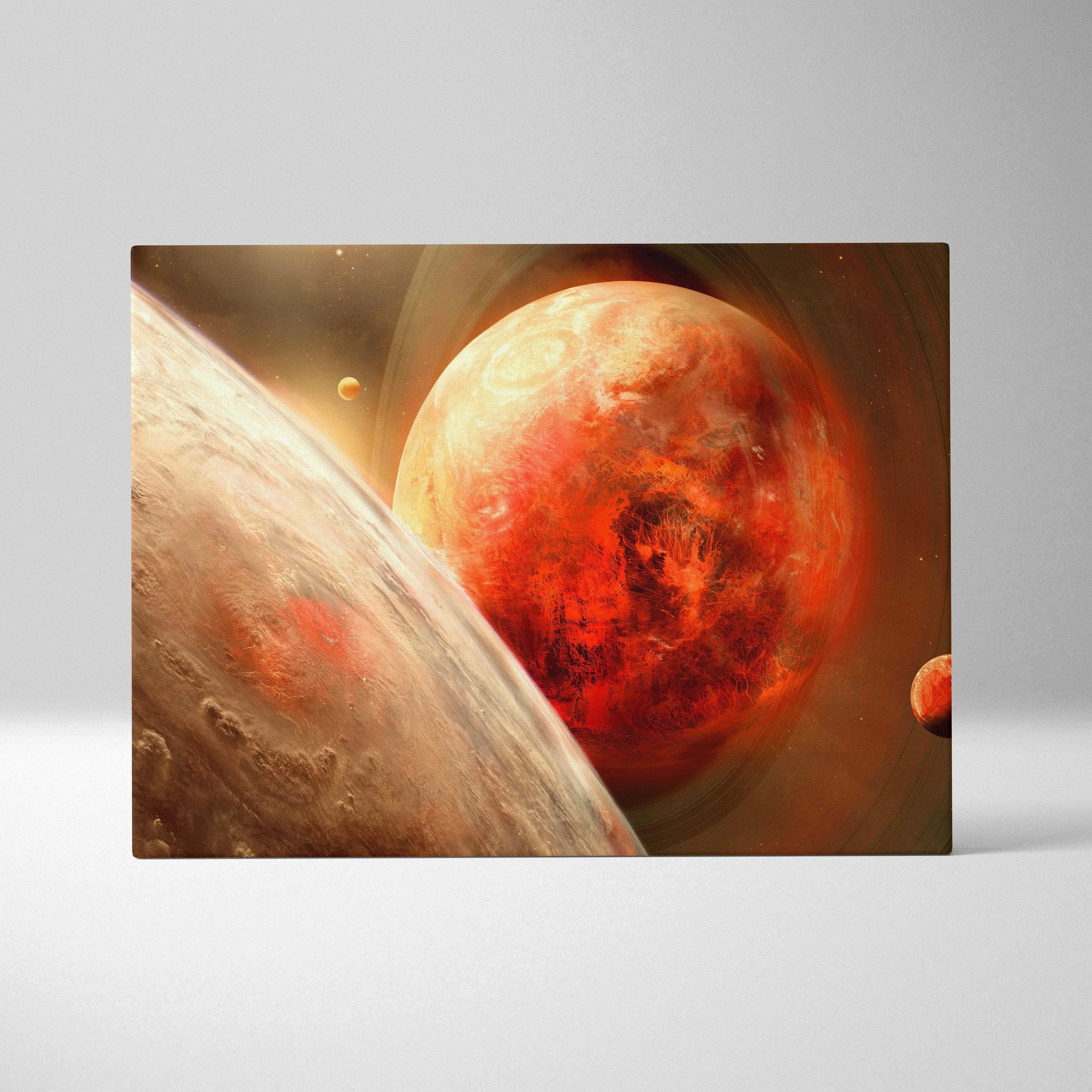 Epic sci-fi canvas print of fiery red alien planet with glowing rings and stars