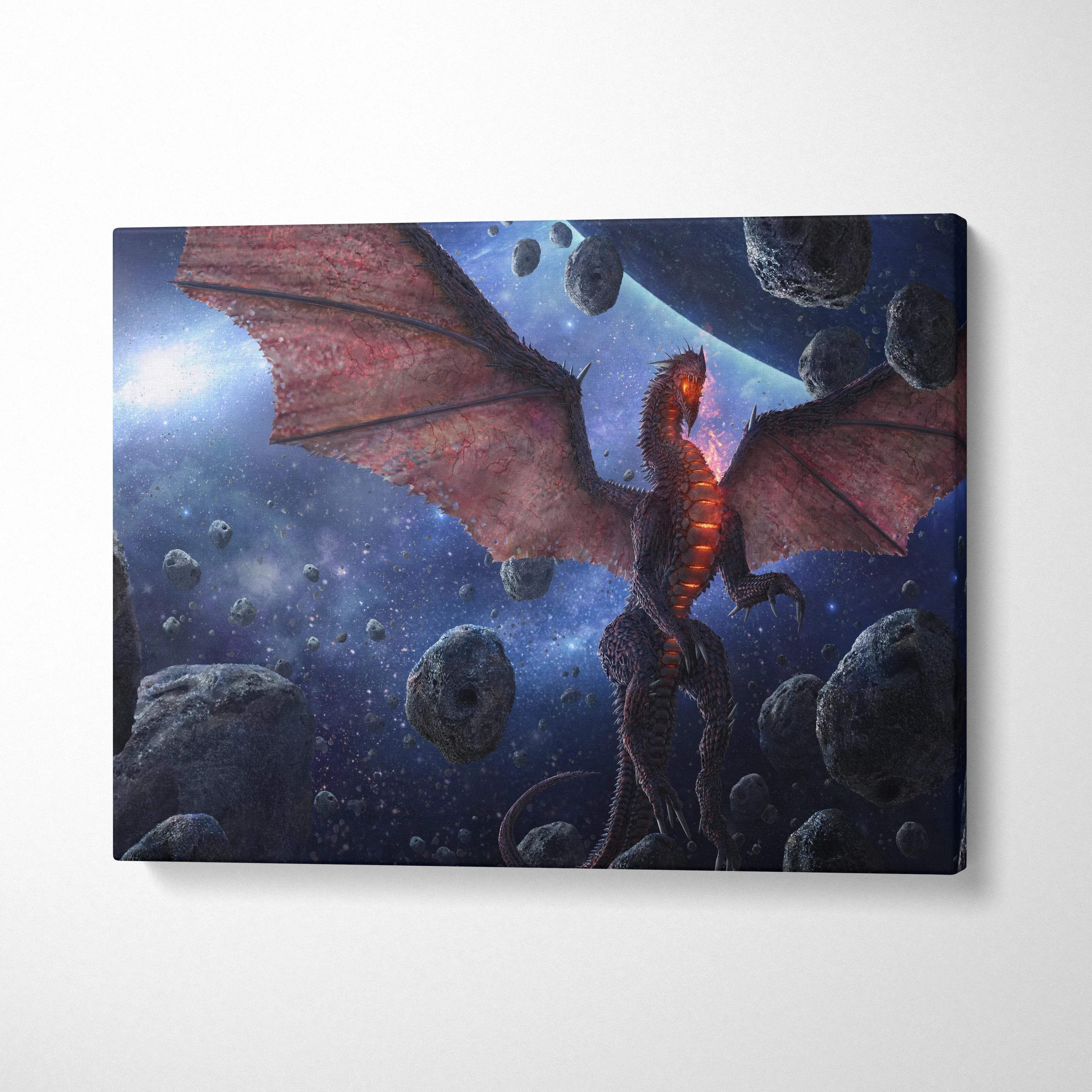 Majestic red dragon with fiery orange underbelly soaring in deep blue cosmos with asteroids