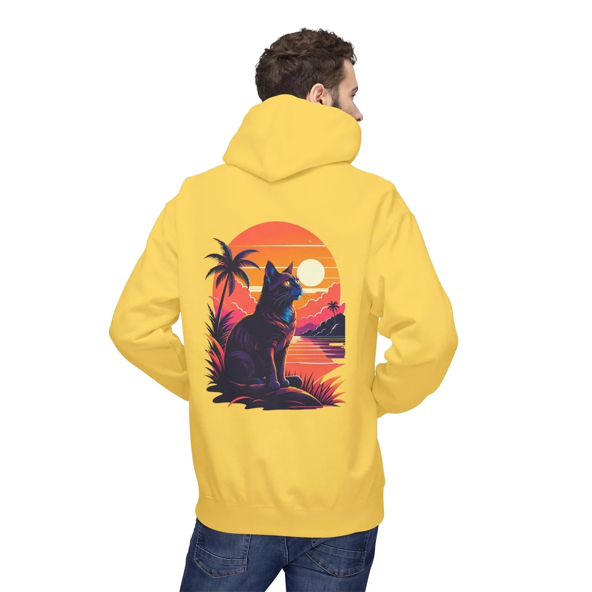 Cozy Cat Lover's Retro Sunset Fleece Hoodie