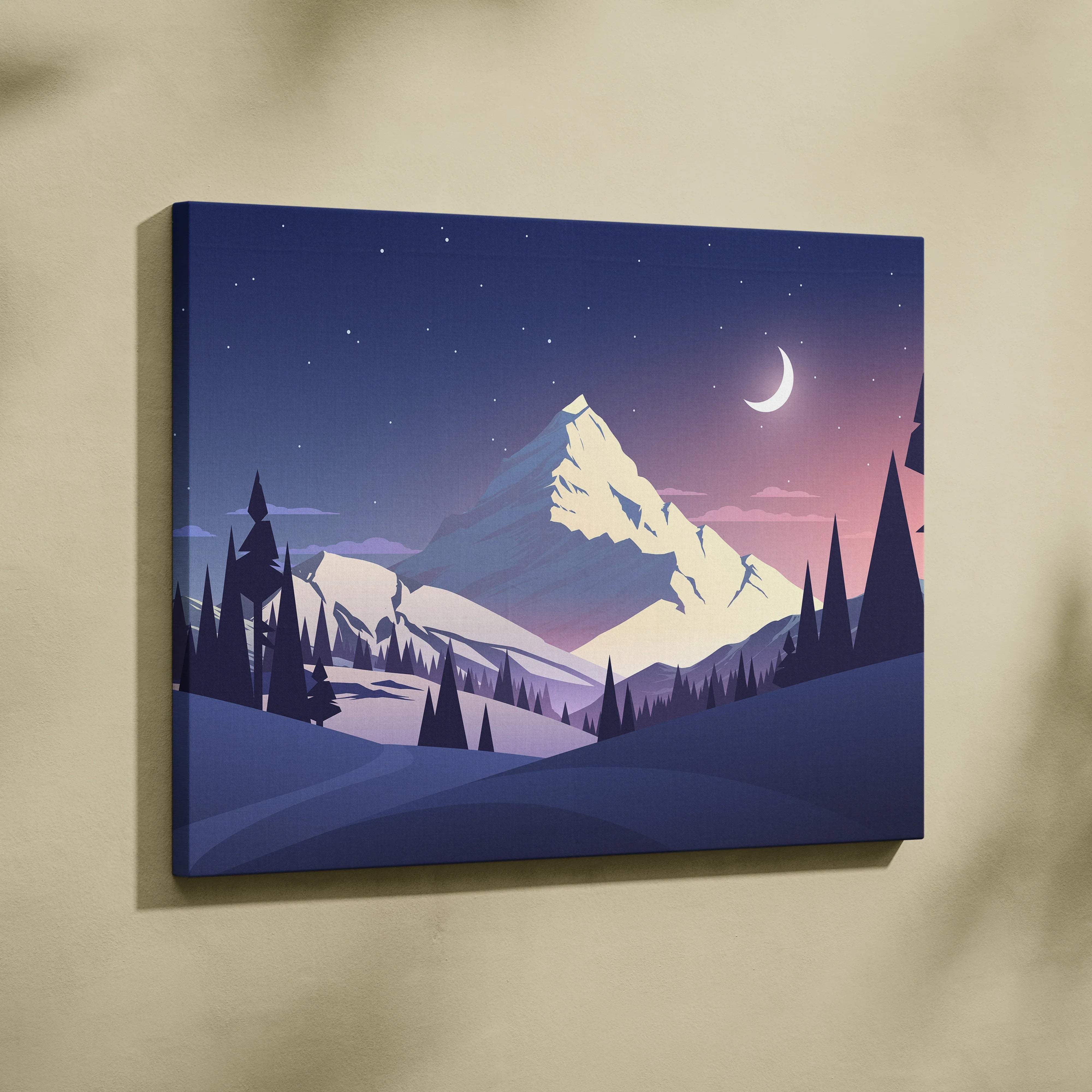 Minimalist night mountain landscape canvas with crescent moon and pine forest in purple blue pink twilight