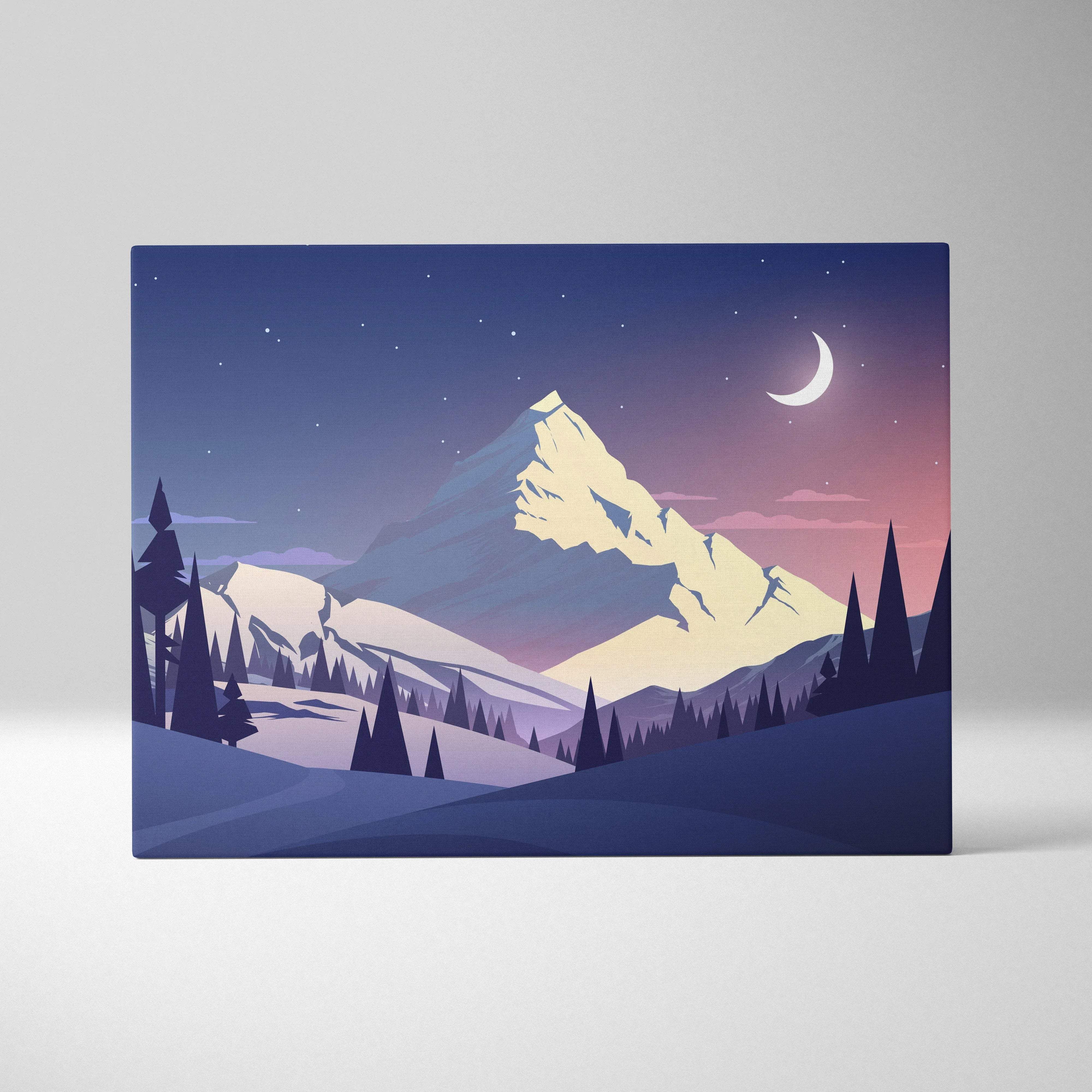 Minimalist night mountain landscape canvas art with crescent moon, pine forest in purple blue pink twilight