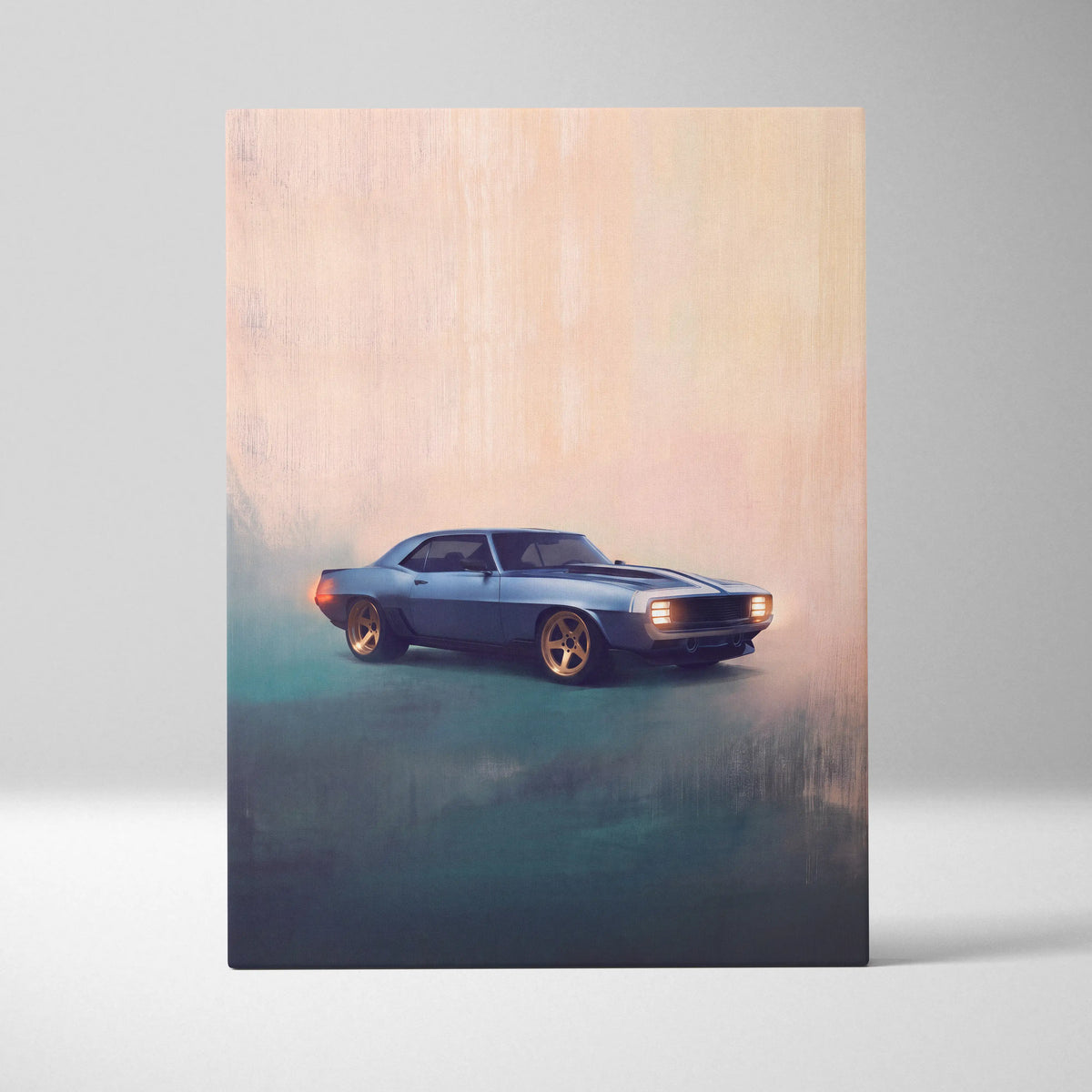 Chevrolet camaro inspired canvas art featuring a blue classic muscle car with gold rims for living room wall decor