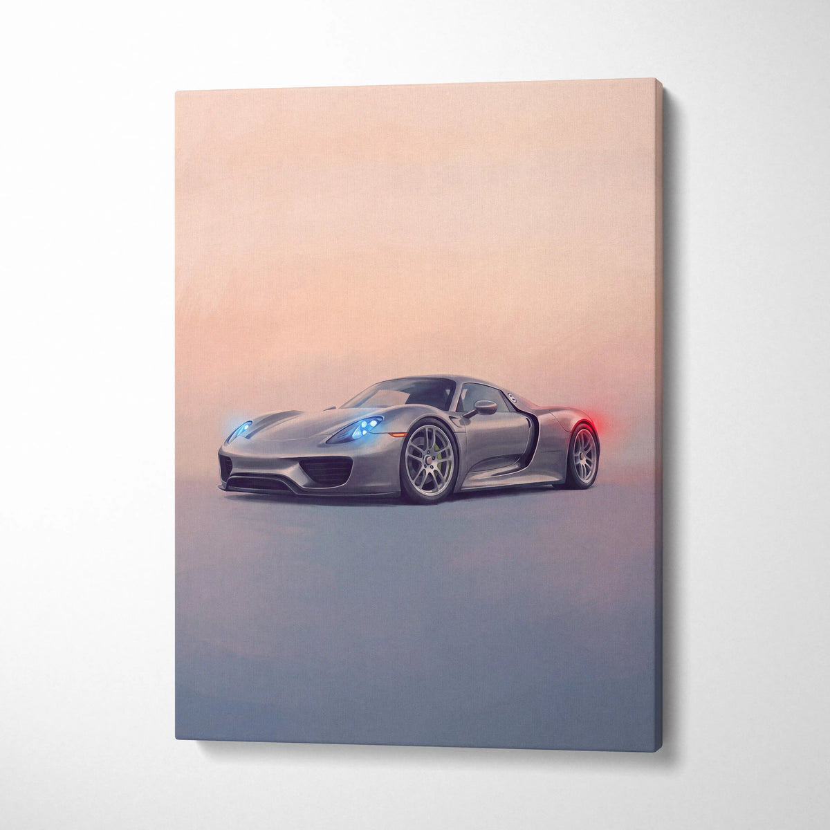 Silver porsche 918 spyder sports car canvas print with glowing blue headlights and red taillights at sunset