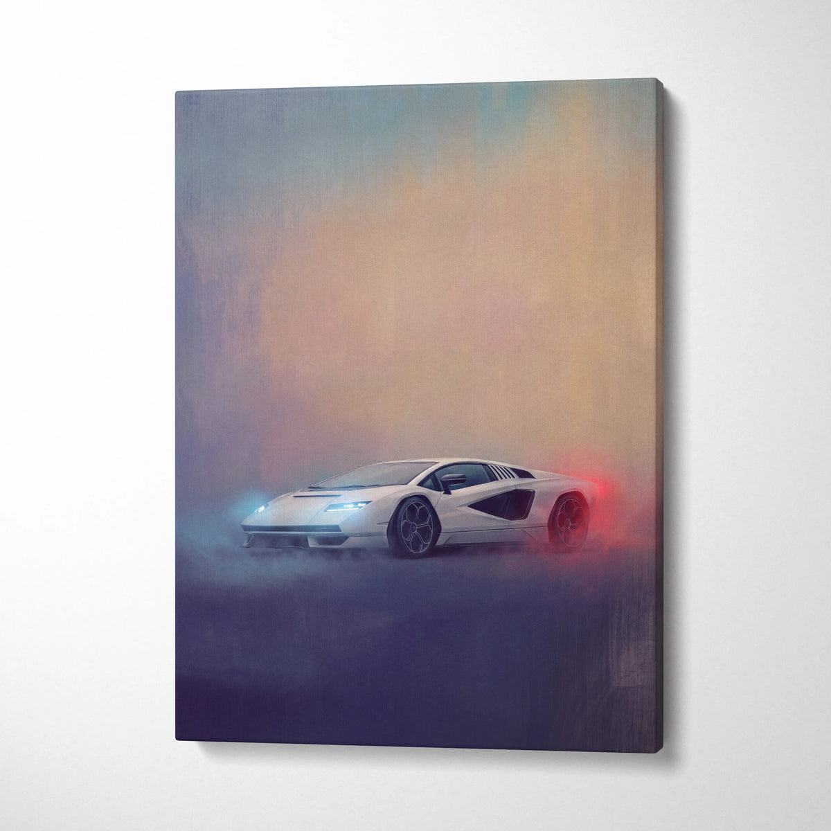 White Lamborghini Countach LPI 800-4 inspired sports car canvas print with glowing blue and red lights on smoky background