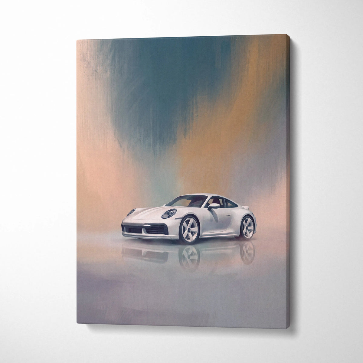 White porsche 911 sports car stylized painting on canvas print with reflective surface and gradient sky background