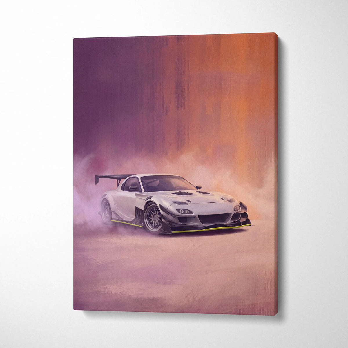 Mazda RX-7 inspired canvas art of a white drift car with black spoiler and yellow trim for garage decor