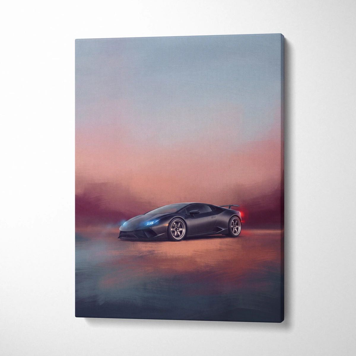 Black Lamborghini Huracán inspired canvas art featuring a matte finish sports car with glowing blue headlights and red taillights