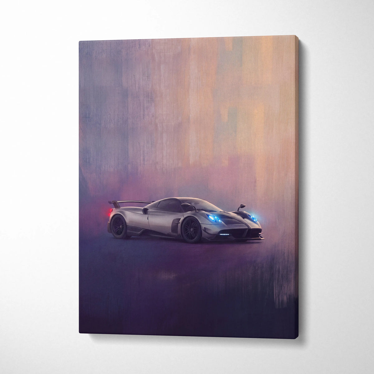 Silver pagani huayra bc sports car canvas print with glowing blue headlights in a sleek aerodynamic design wall art