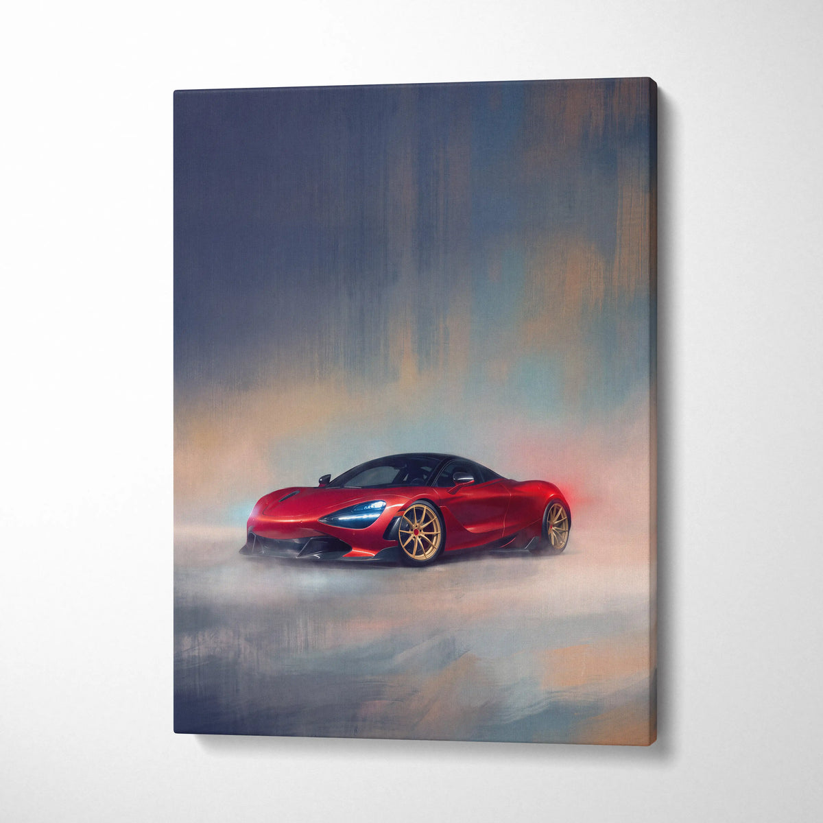 Vibrant red McLaren 720S inspired supercar canvas art print showing a dynamic misty scene for custom wall decor