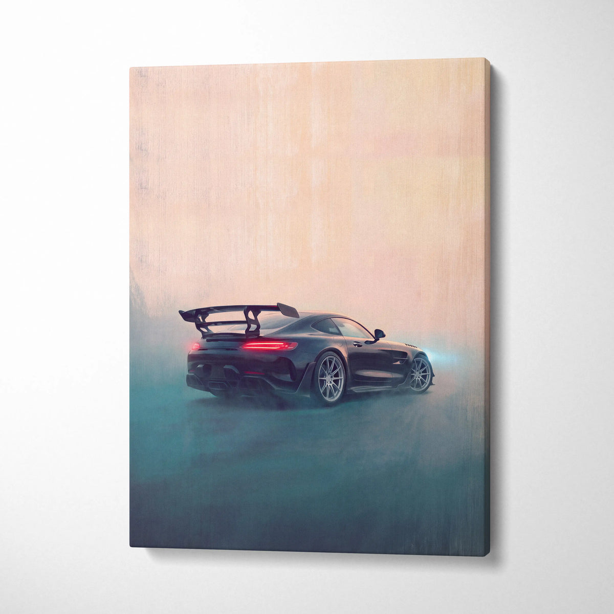 Black mercedes-amg gt r sports car with rear spoiler and glowing taillights on premium automotive canvas art print