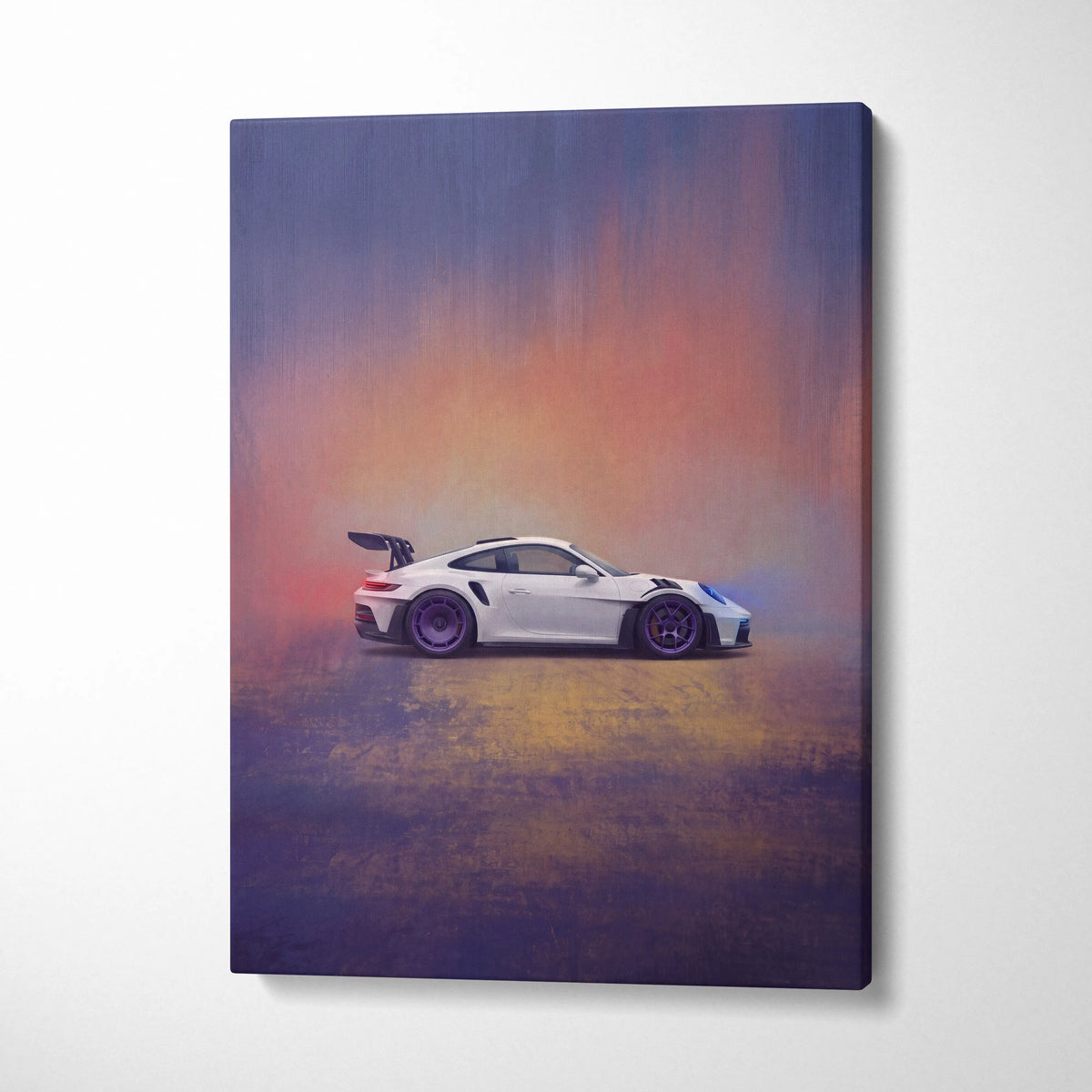 White Porsche 911 GT3 RS sports car canvas print with purple wheels and a vibrant gradient sky background