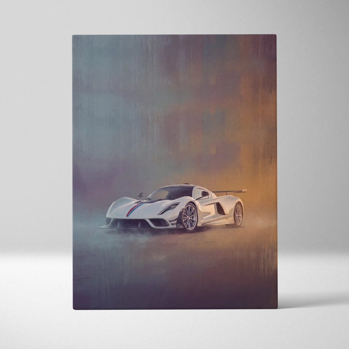 White hennessey venom f5 hypercar canvas print with sleek aerodynamic design and racing stripes in misty studio setting