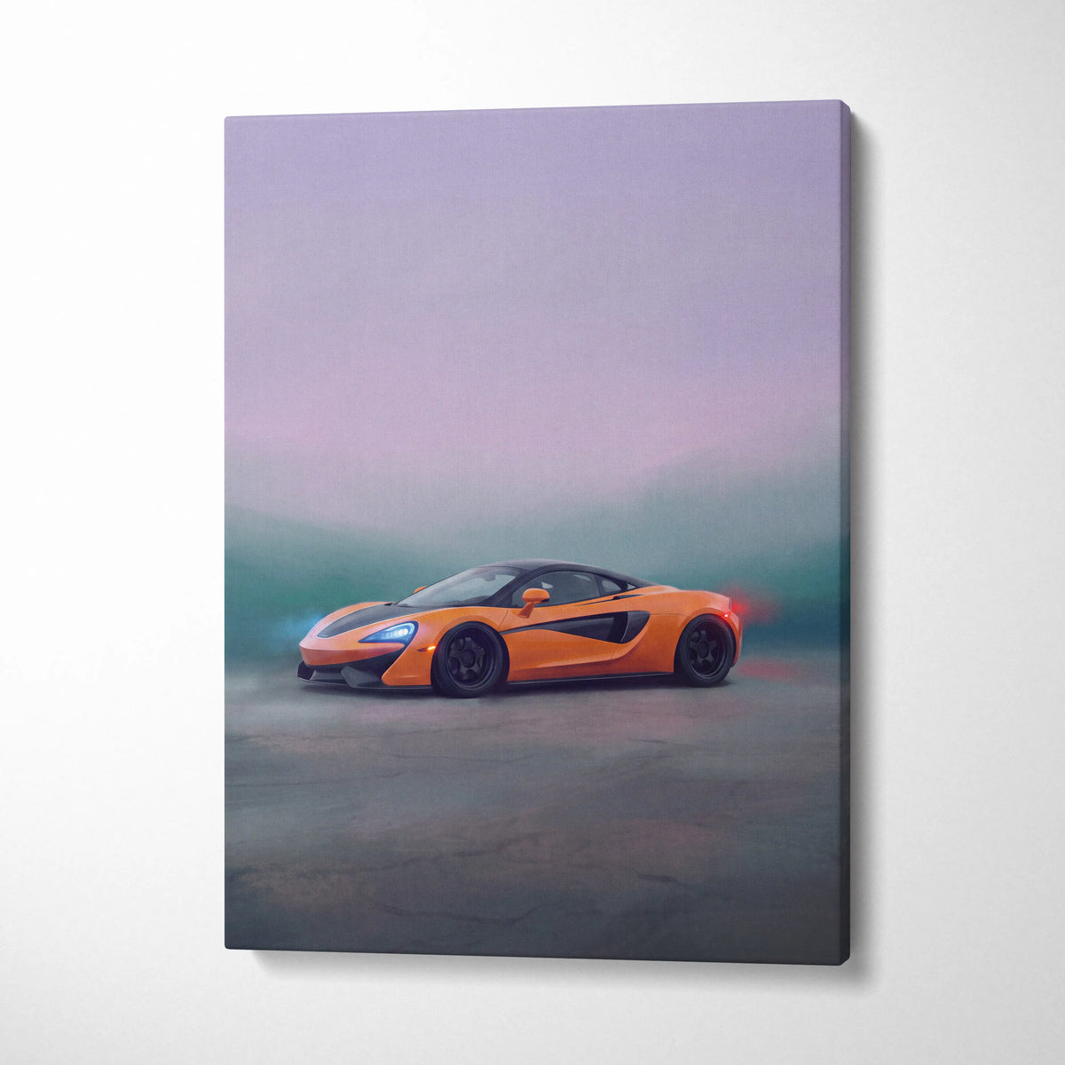 McLaren 570s inspired canvas art featuring a vibrant orange sports car with sleek design and glowing headlights