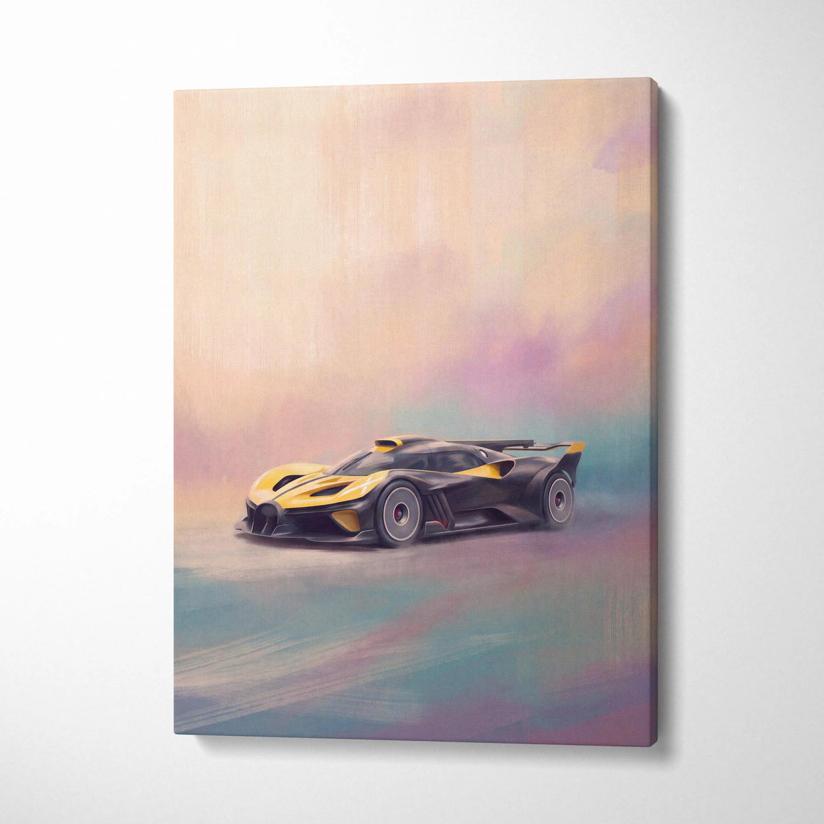 Bugatti Bolide inspired automotive wall art featuring a sleek black and yellow hypercar painting on canvas print
