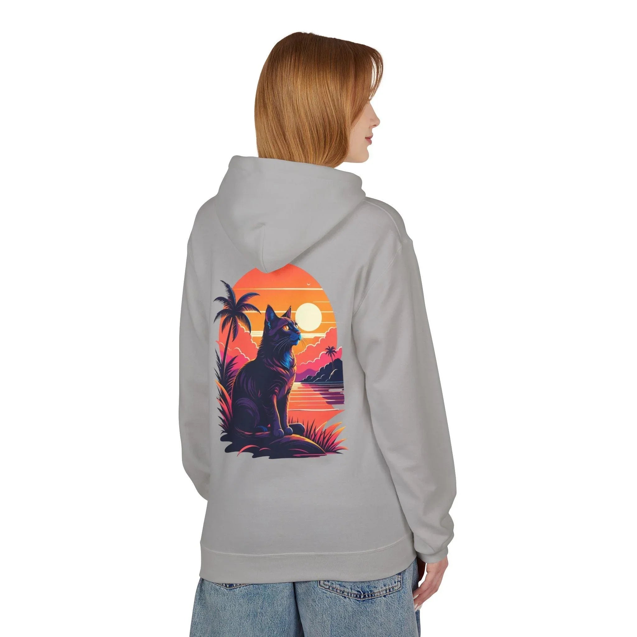Cozy Cat Lover's Retro Sunset Fleece Hoodie