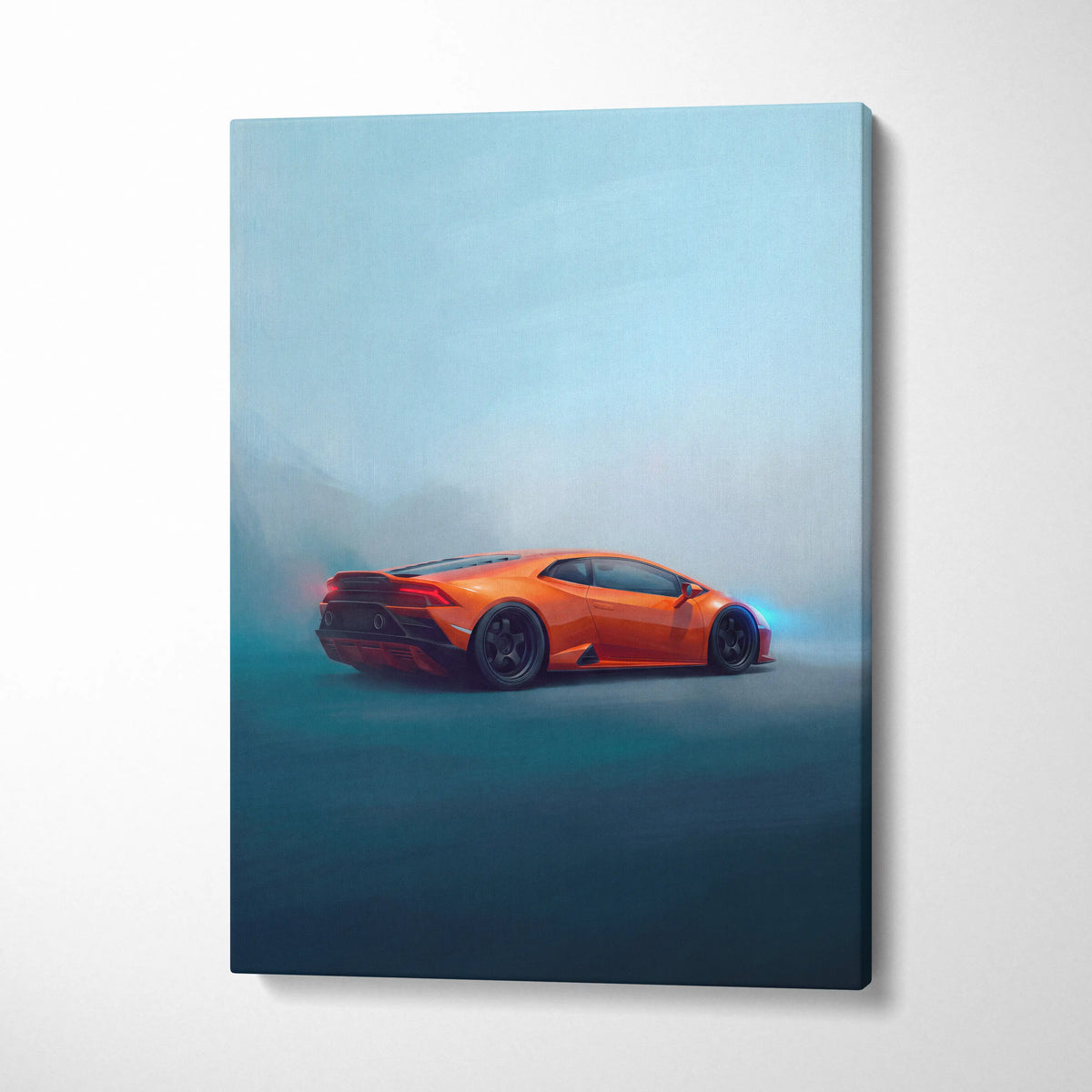 Vibrant orange Lamborghini huracán sports car in a dynamic misty scene on canvas custom car wall art print
