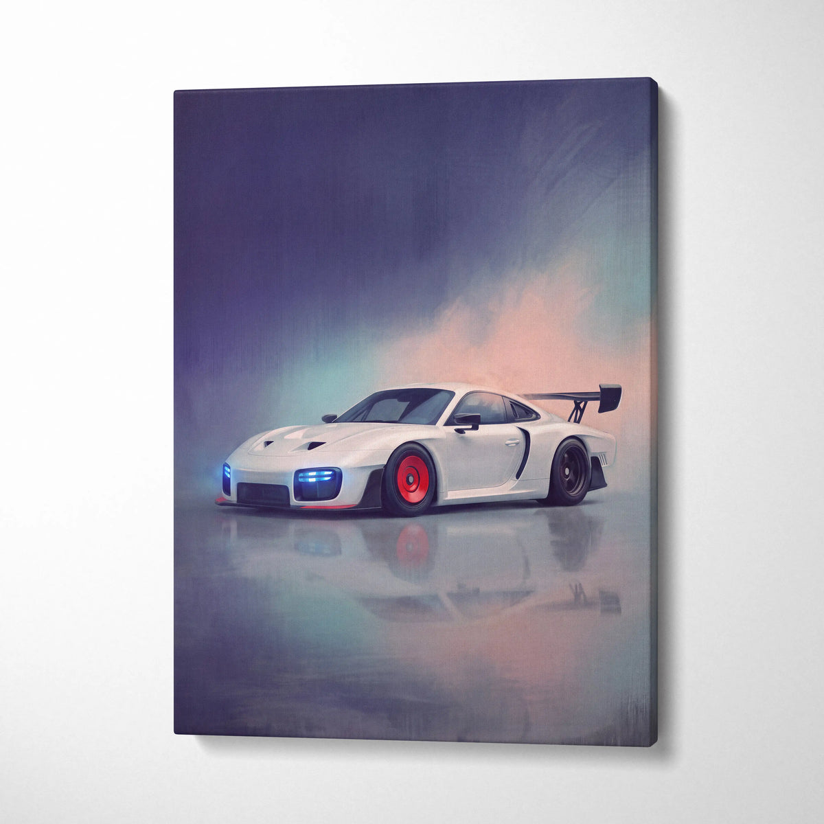 Porsche 935 inspired car wall art canvas painting print featuring a white porsche 911 with red rims and blue headlights