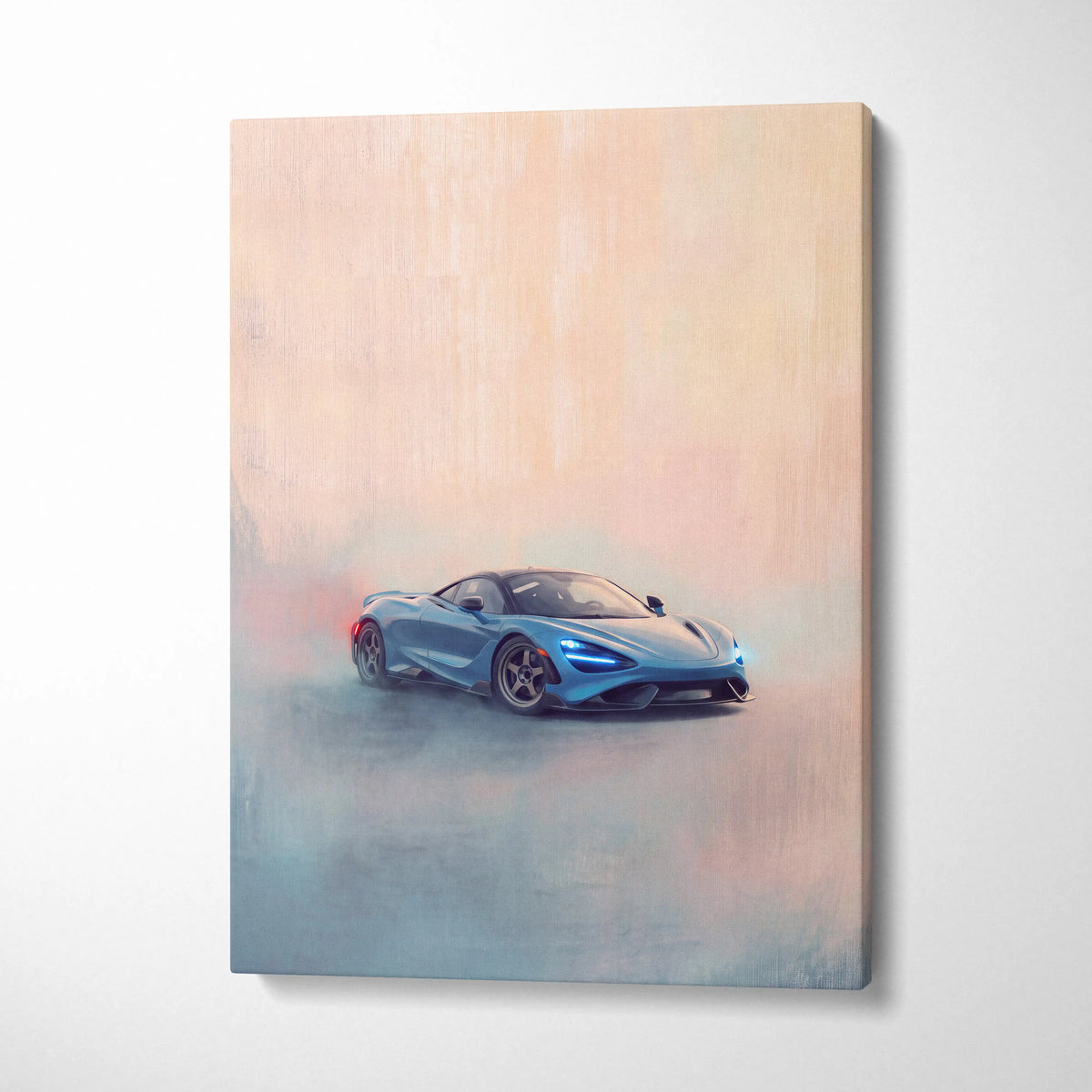 A vibrant blue McLaren 720S sports car in dynamic painterly style on canvas custom car wall art print