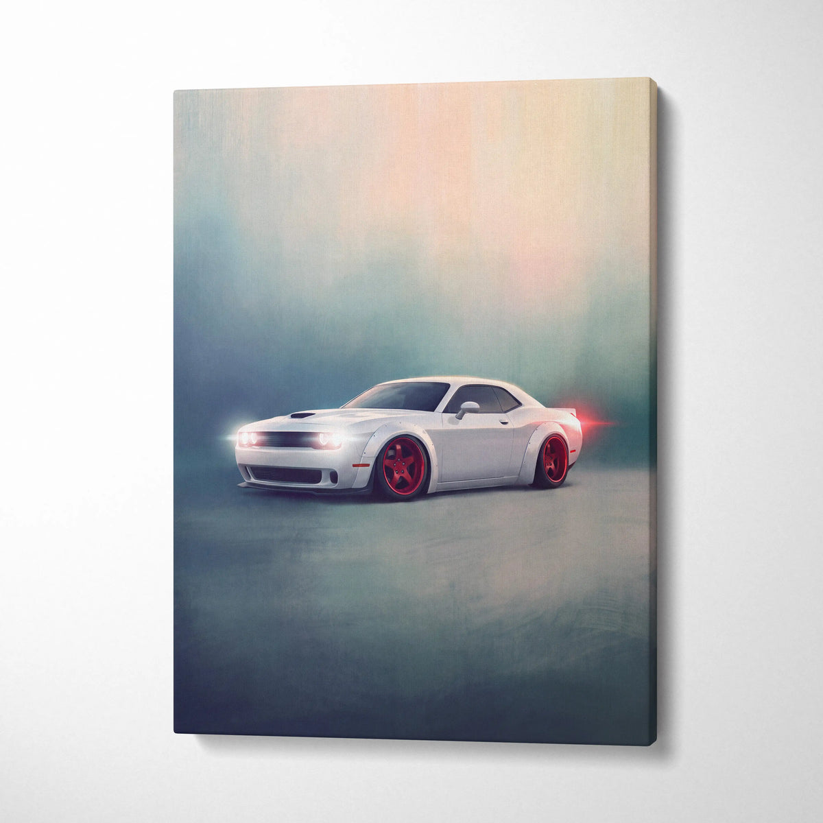 White dodge challenger with red rims on canvas print featuring widebody muscle car wall art for automotive decor