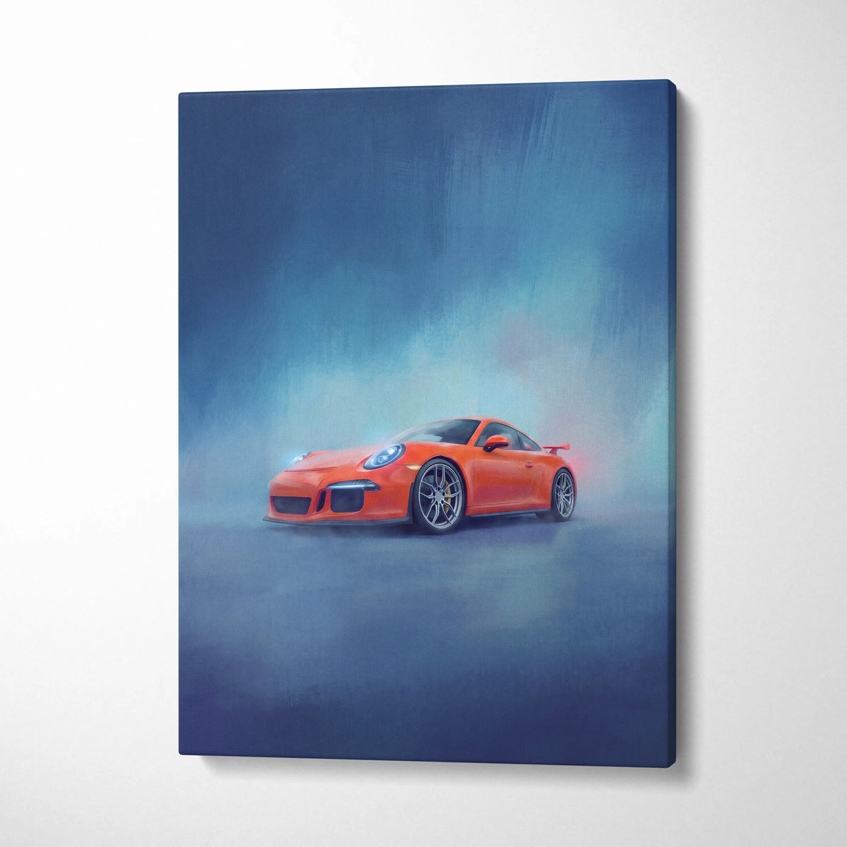 Vibrant orange porsche 911 gt3 sports car on a misty canvas print luxury supercar automotive wall art