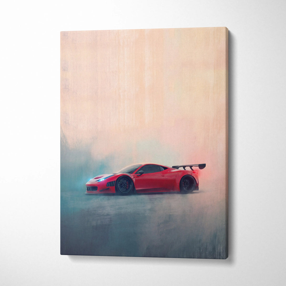 Vibrant red ferrari 458 italia inspired sports car on smoky canvas wall art print track edition