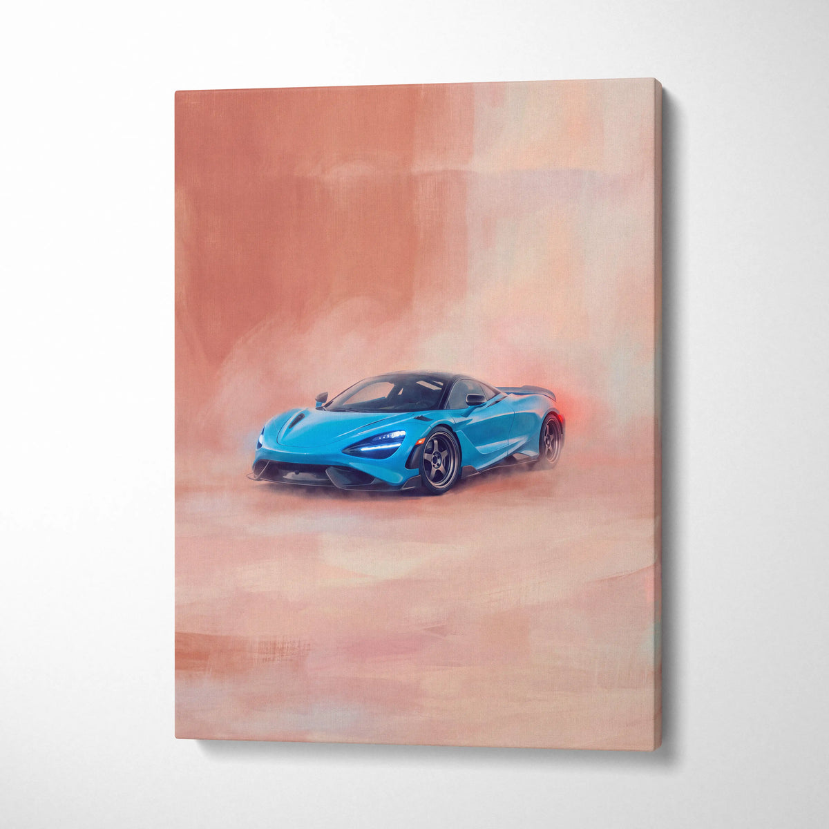 Vibrant blue McLaren 720S inspired luxury supercar canvas print in dynamic painterly style on warm background