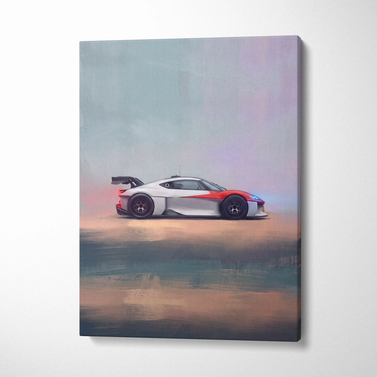 Porsche mission r inspired supercar canvas art featuring a sleek white and red racing car with black wheels on canvas