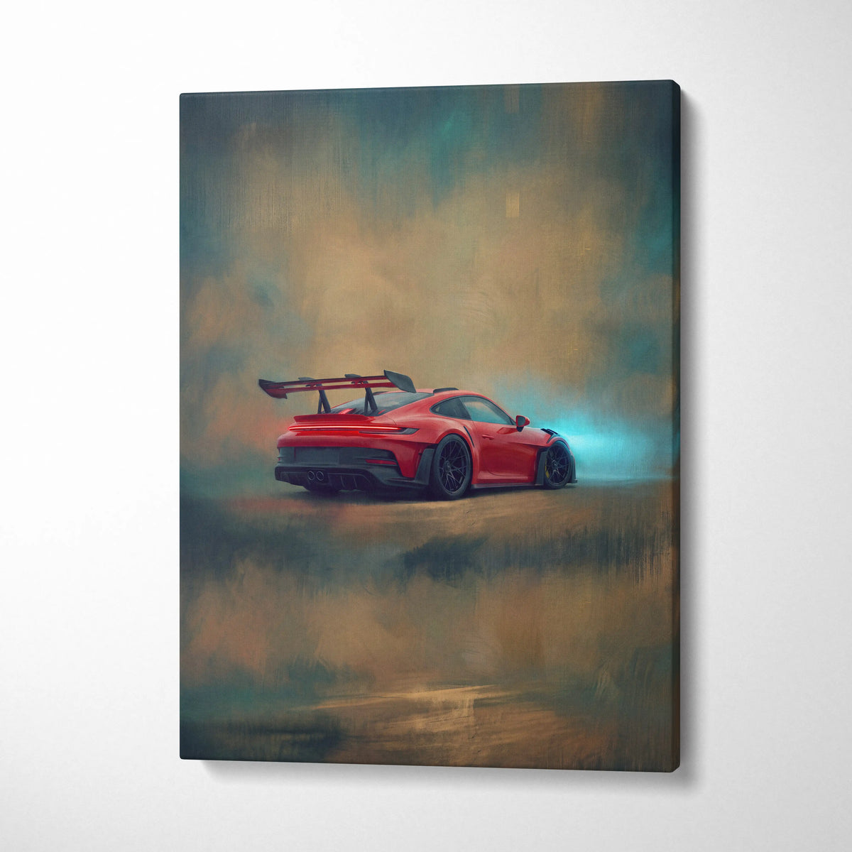 Vibrant red Porsche 911 GT3 RS sports car depicted in dynamic track edition canvas painting print with dramatic lighting