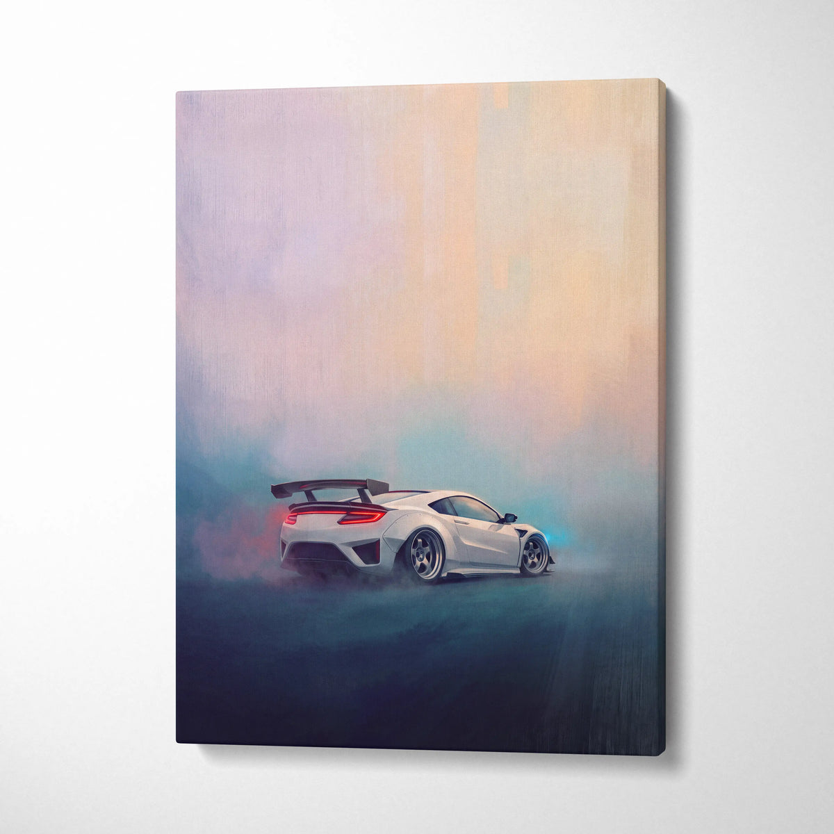White Acura NSX inspired automotive wall art featuring a stylized painting with glowing red taillights and blue smoke effects