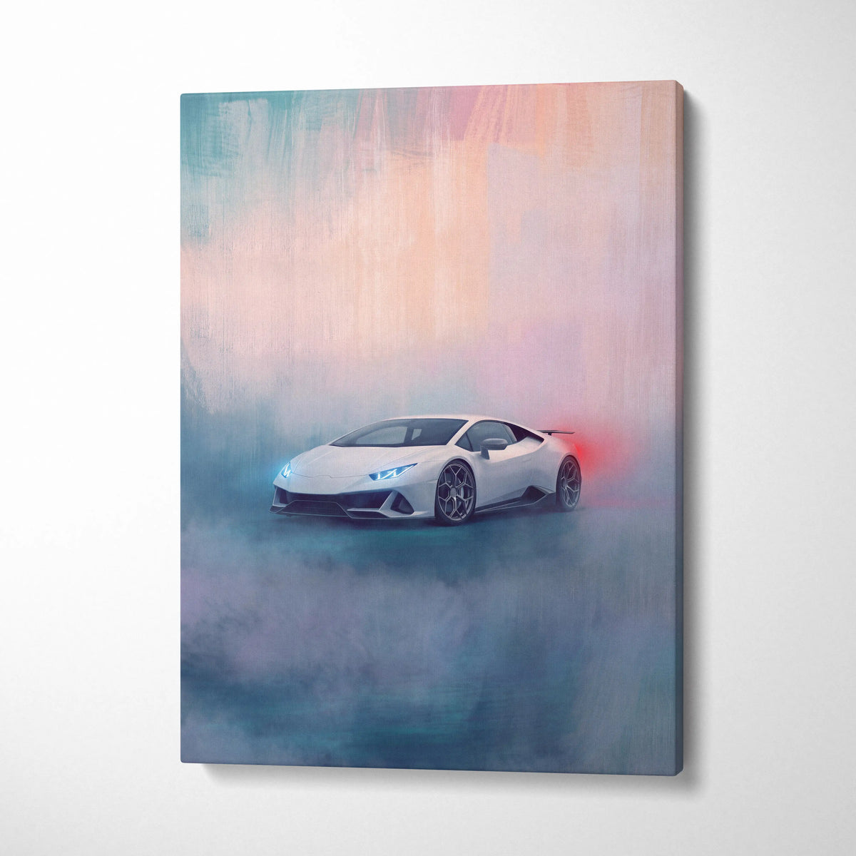 White Lamborghini Huracán Evo inspired supercar canvas art featuring stylized misty sports car wall print