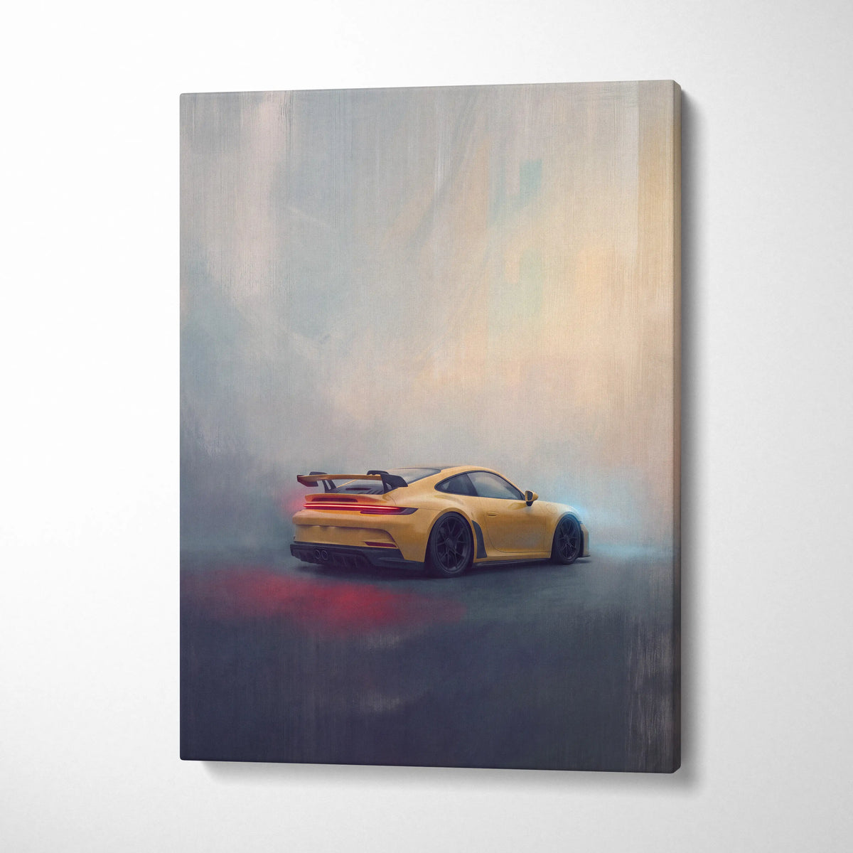 Yellow porsche 911 gt3 rs sports car with glowing red taillights and black wheels in dynamic misty scene canvas art