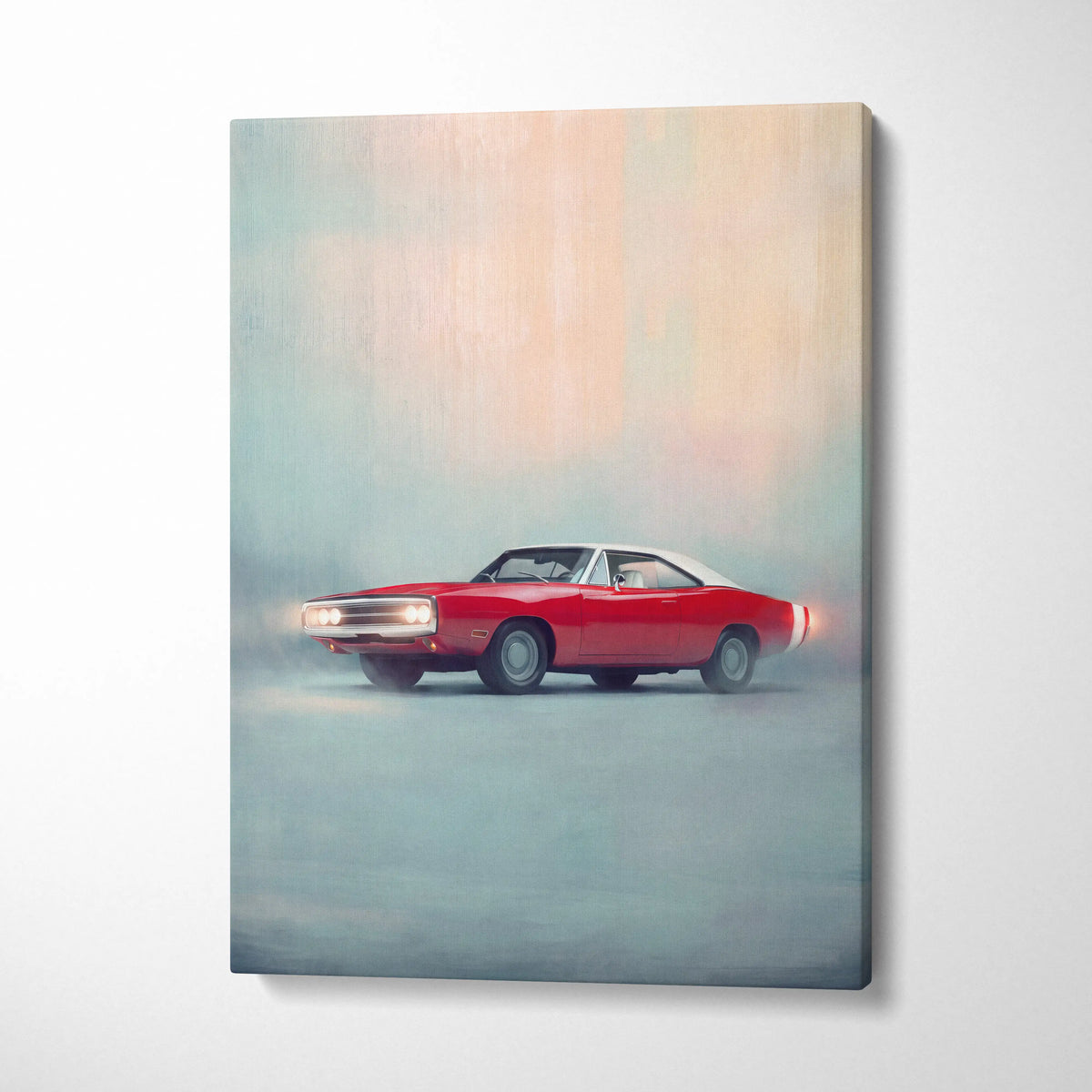 Dodge charger inspired canvas art featuring red and white classic muscle car painting on canvas wall decor