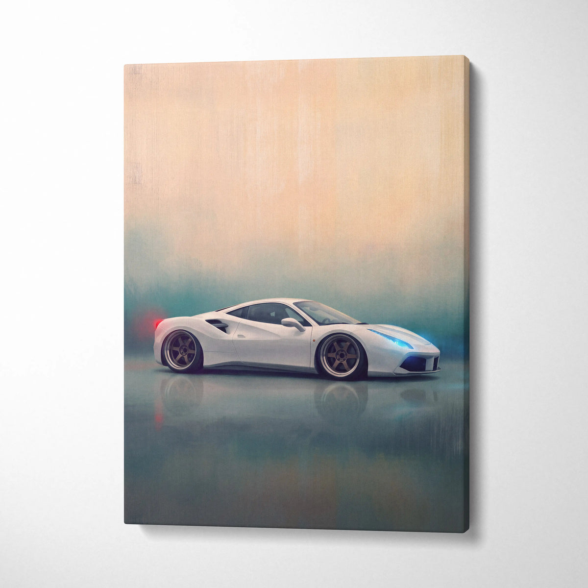 White ferrari 488 gtb inspired canvas art featuring a sleek sports car with glowing blue headlights for wall decor
