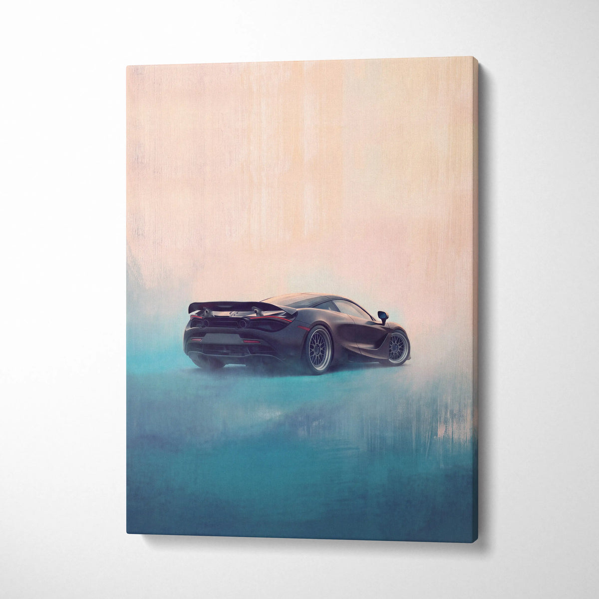 A sleek black mclaren 720s sports car on a stylized canvas painting with misty gradient background track edition