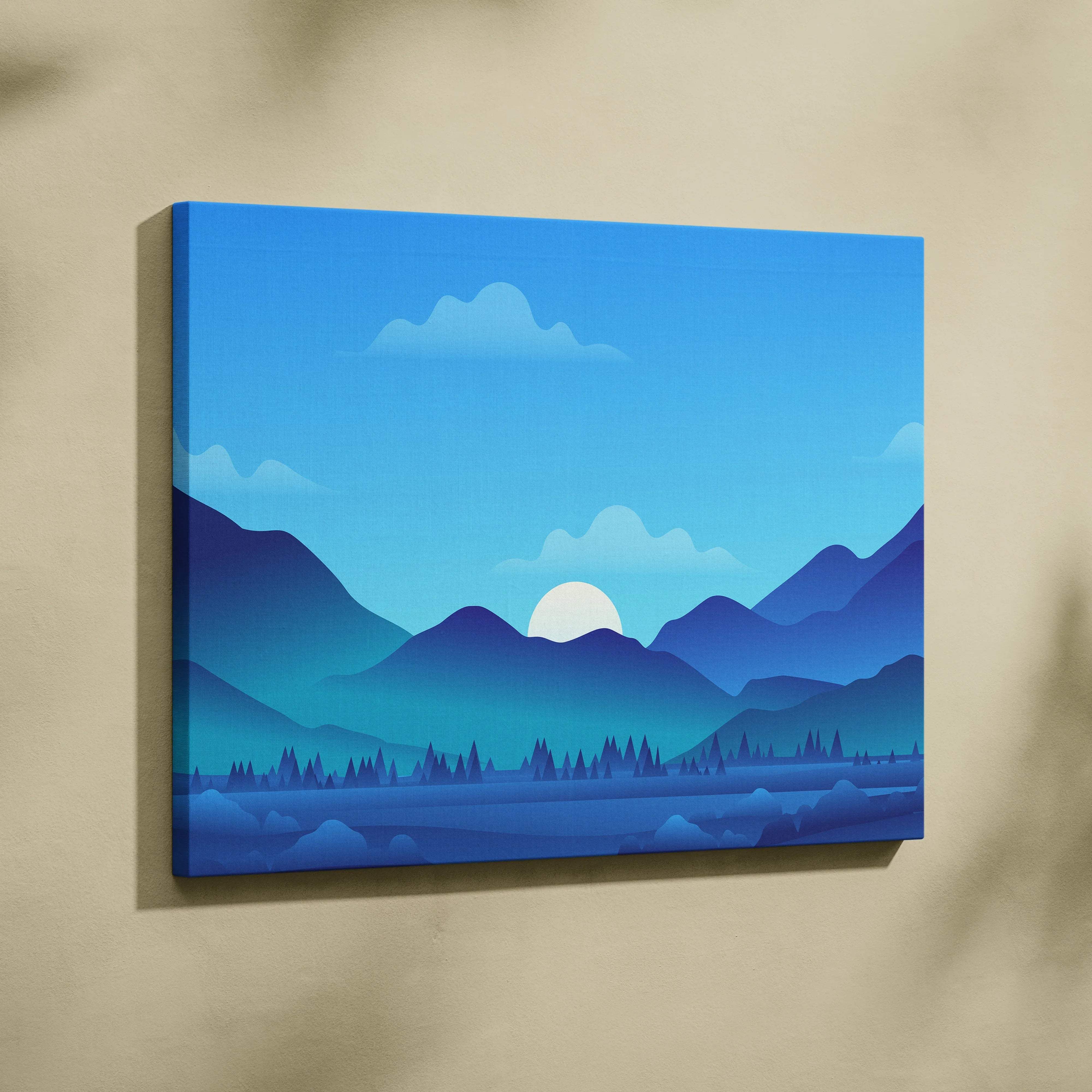Minimalist blue mountain landscape canvas print with sunrise over Lake Serene