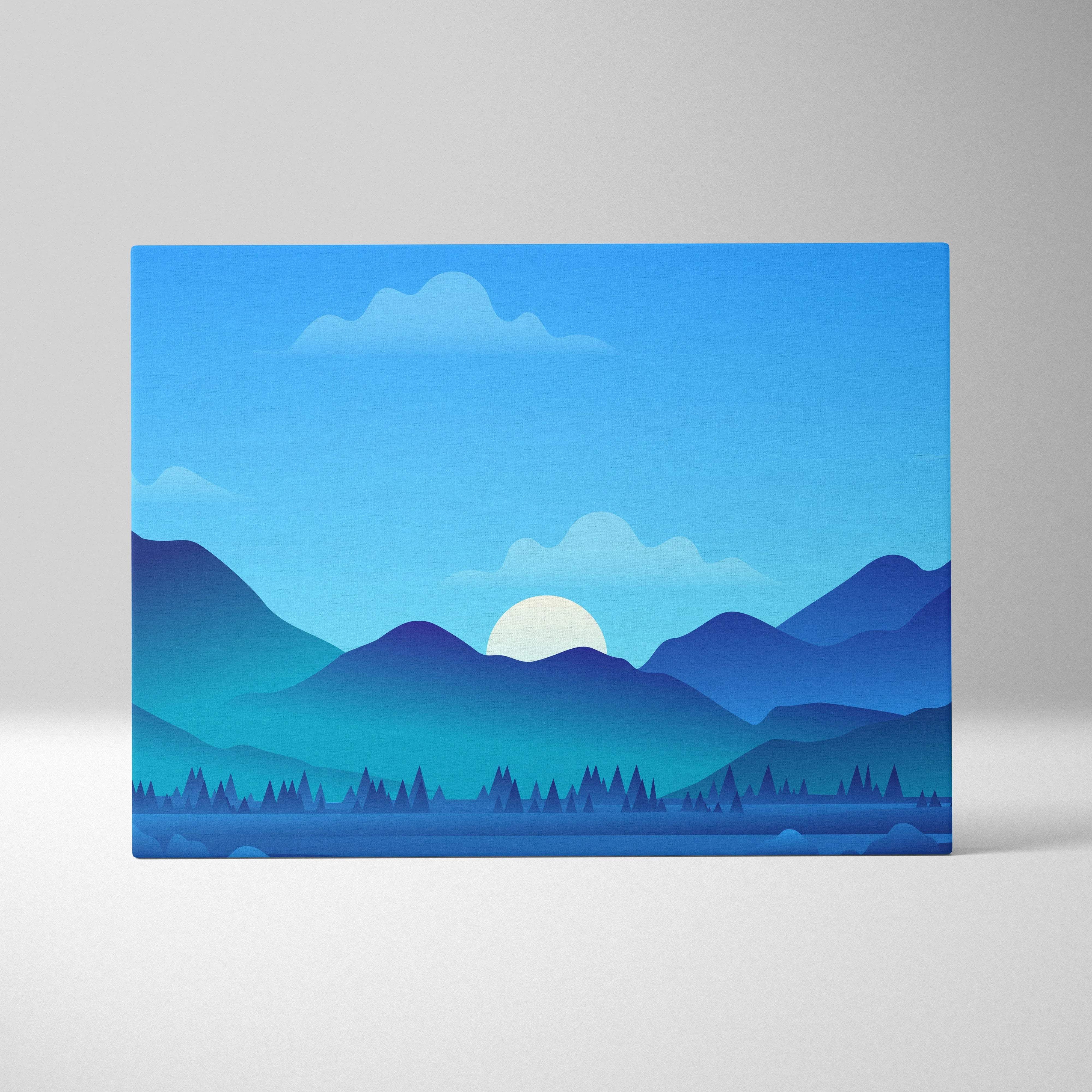 Minimalist blue mountain landscape canvas print with sunrise over serene lake