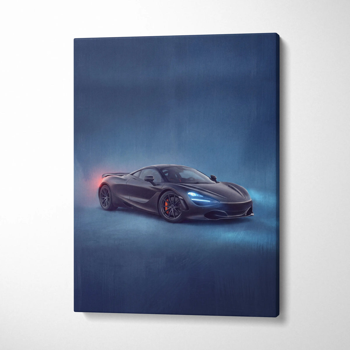 Black mclaren 720s sports car canvas print with glowing blue headlights and red taillights on misty dark blue background