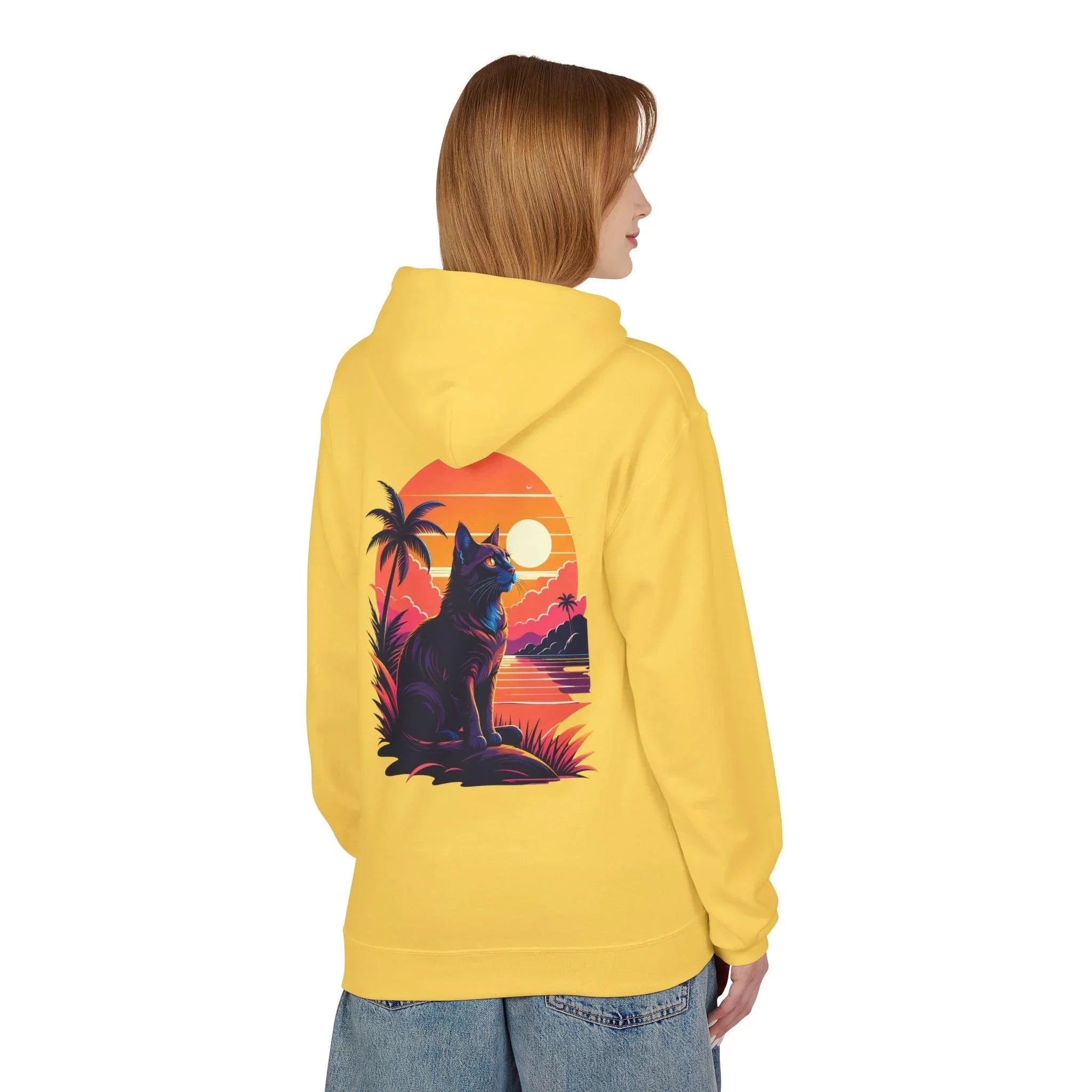 Cozy Cat Lover's Retro Sunset Fleece Hoodie