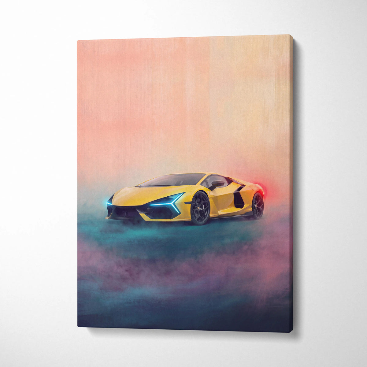Vibrant yellow lamborghini revuelto inspired automotive wall art featuring a futuristic painting with glowing accents on canvas
