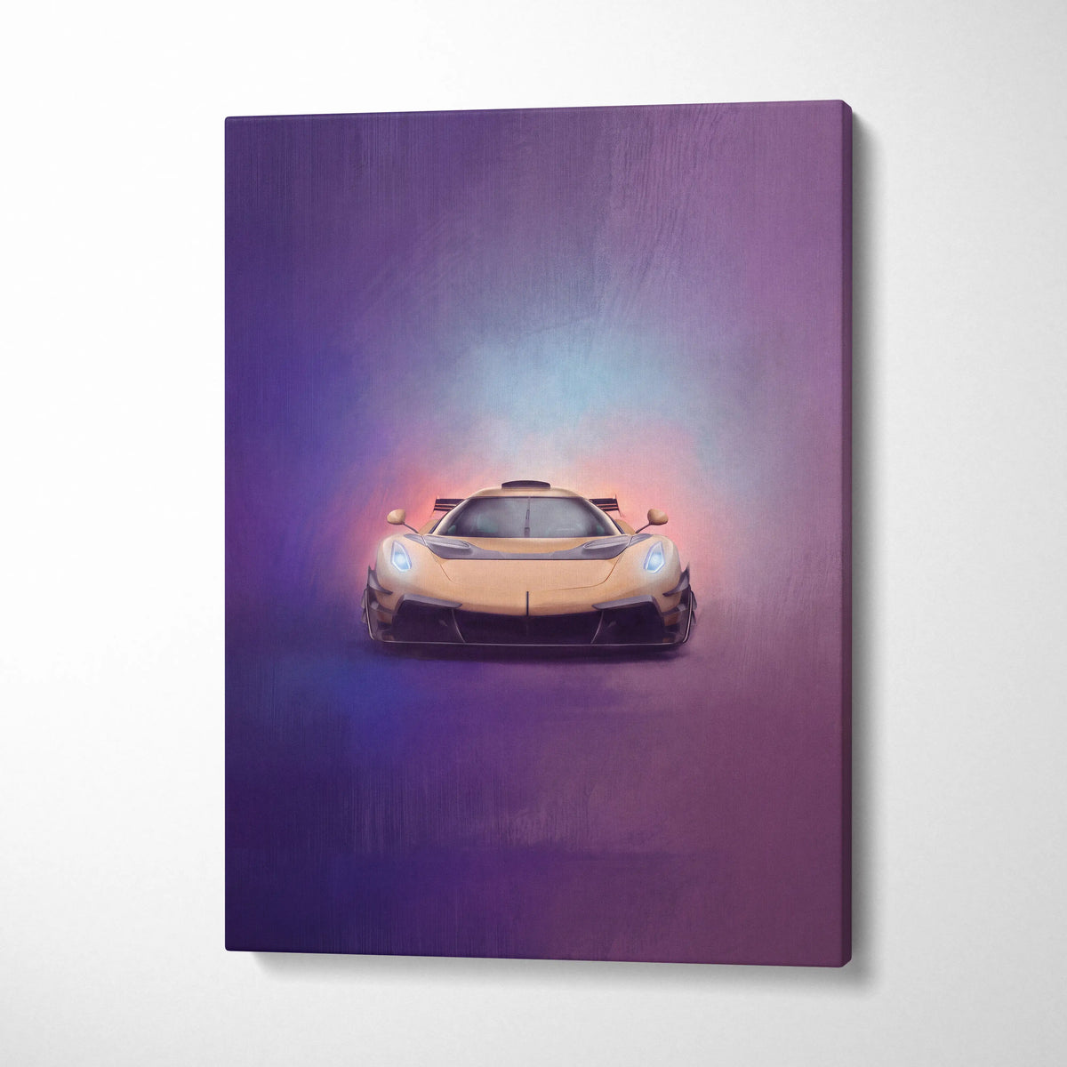 Koenigsegg jesko inspired car wall art canvas print featuring a sleek golden hypercar with glowing headlights on purple blue background